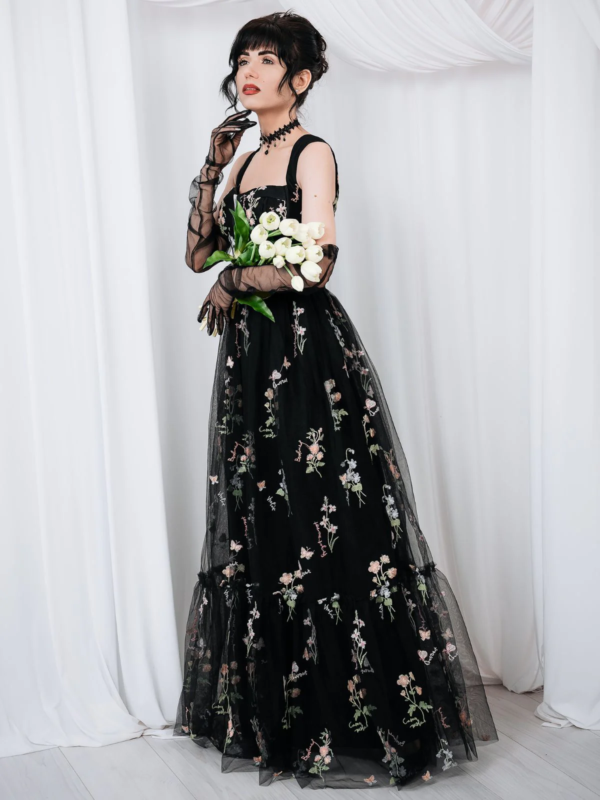 Schwarz 1930er Blumen Netz StĂ€bchen SchnĂŒrung Kleid - Image 4