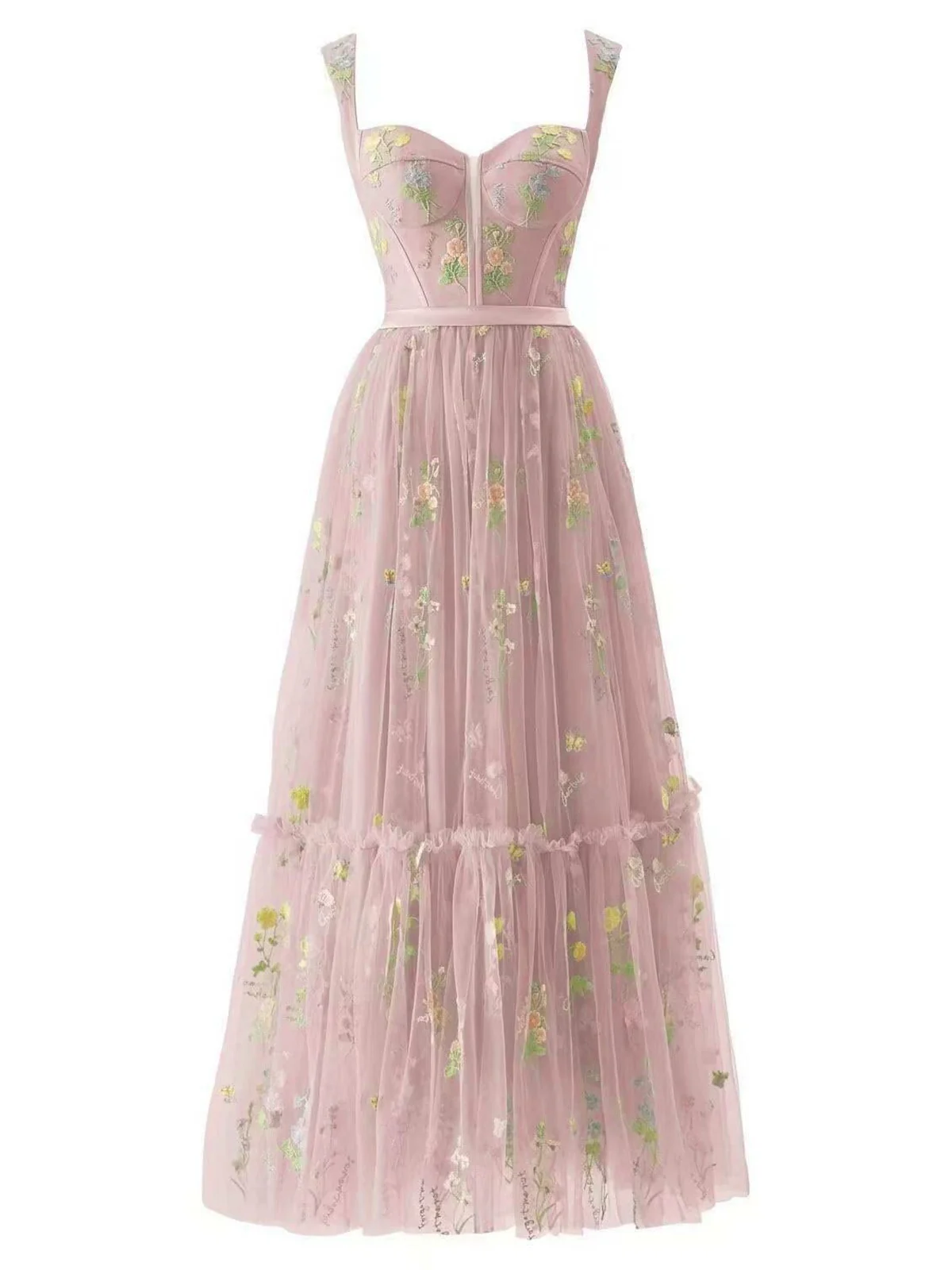 Hellblau 1930er Blumen Netz Stäbchen Schnürung Kleid - Image 3