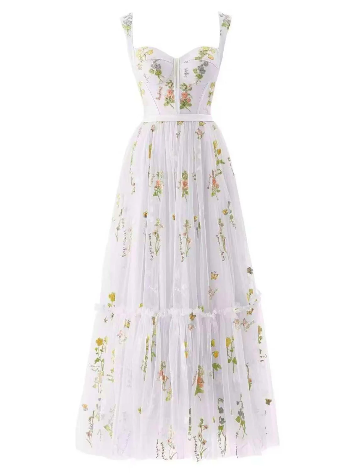 Hellblau 1930er Blumen Netz Stäbchen Schnürung Kleid - Image 2