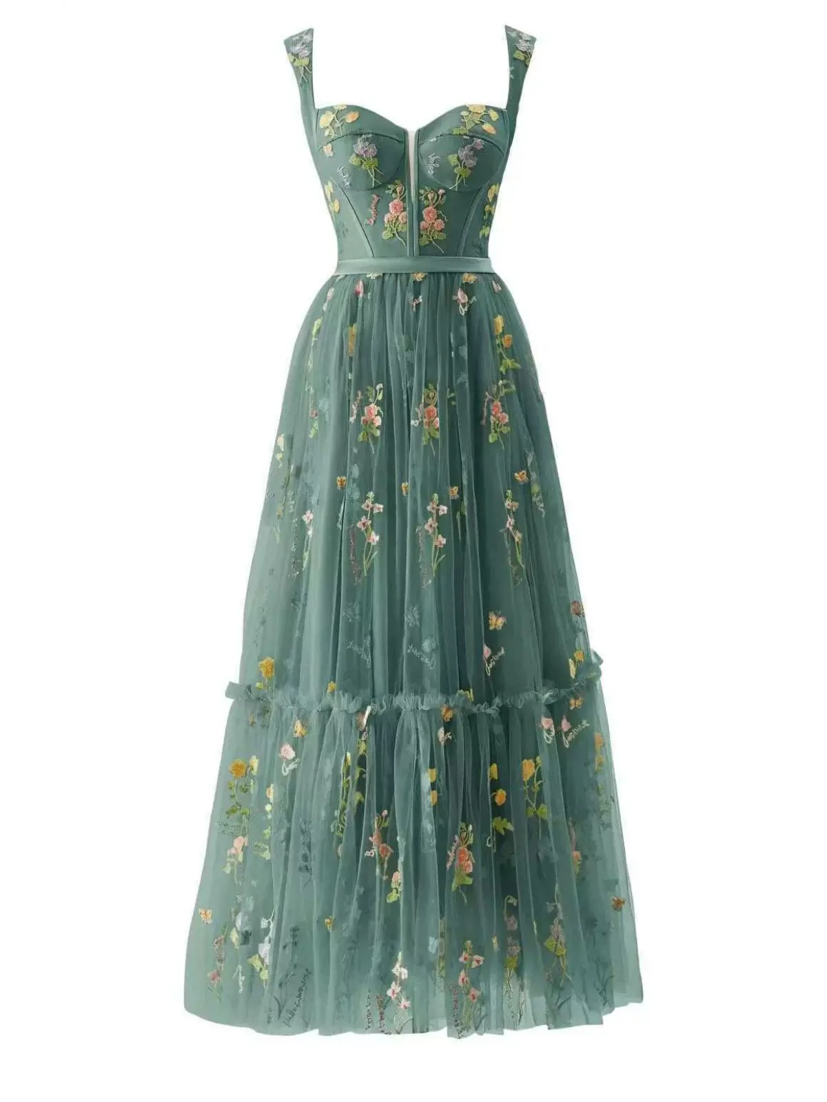 Hellblau 1930er Blumen Netz Stäbchen Schnürung Kleid - Image 10