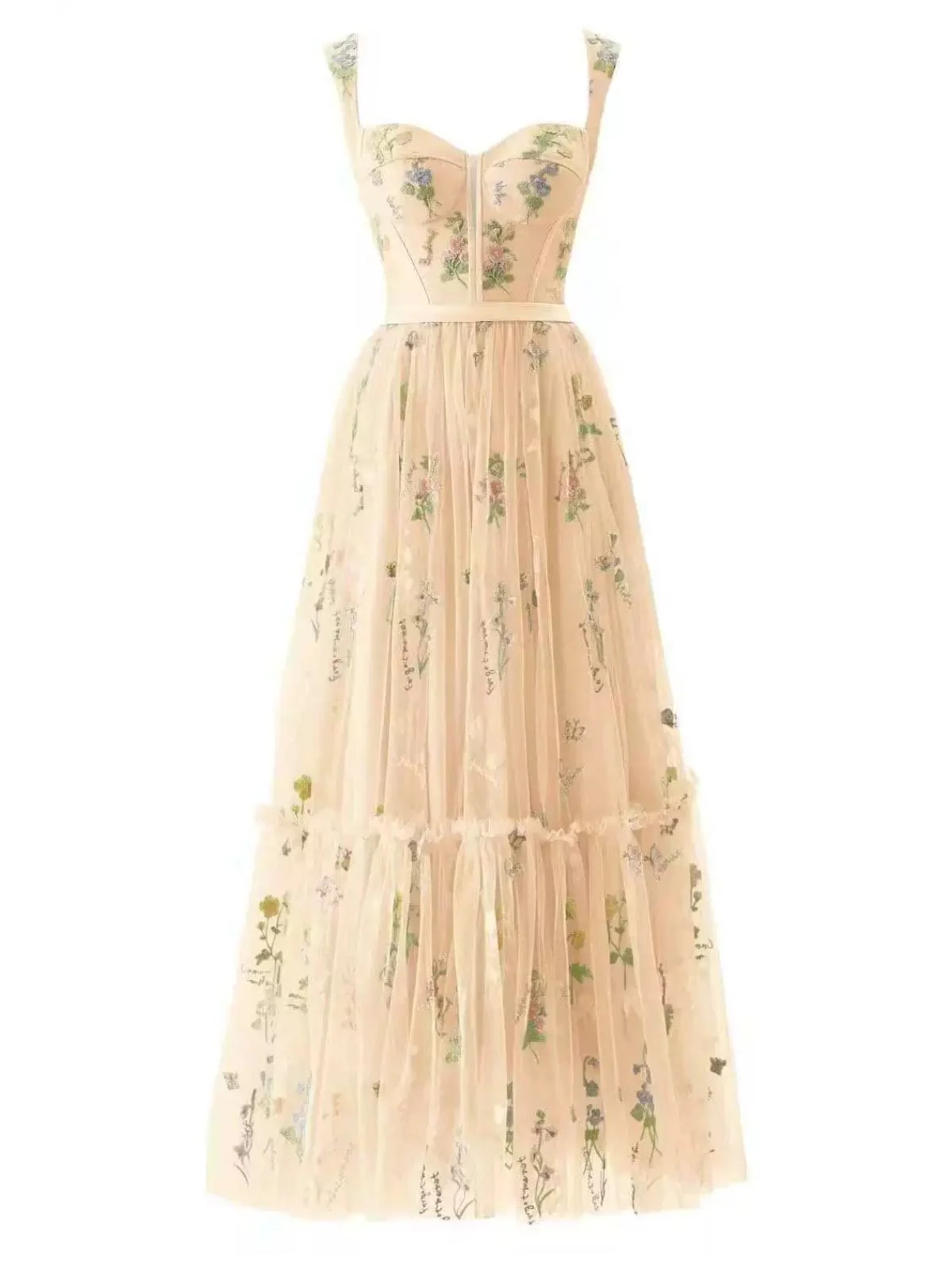 Hellblau 1930er Blumen Netz Stäbchen Schnürung Kleid - Image 11