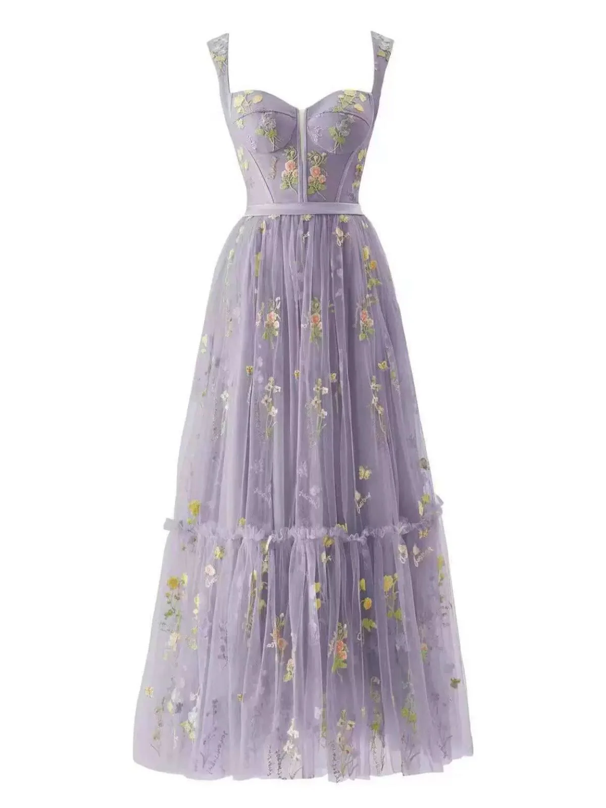 Hellblau 1930er Blumen Netz Stäbchen Schnürung Kleid - Image 7