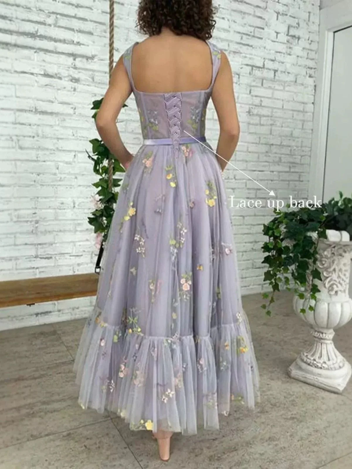 Hellblau 1930er Blumen Netz Stäbchen Schnürung Kleid - Image 9