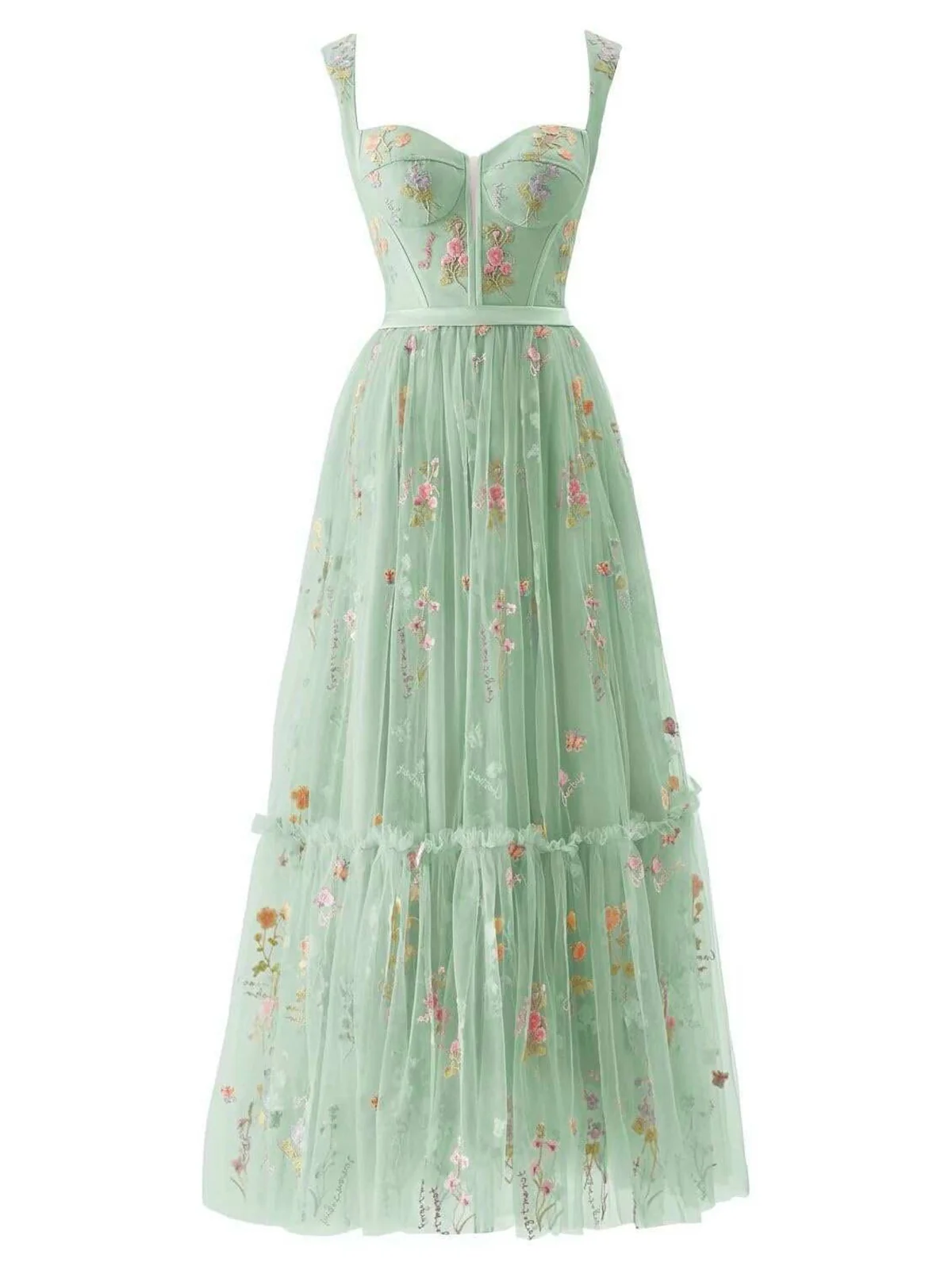 Hellblau 1930er Blumen Netz Stäbchen Schnürung Kleid - Image 6
