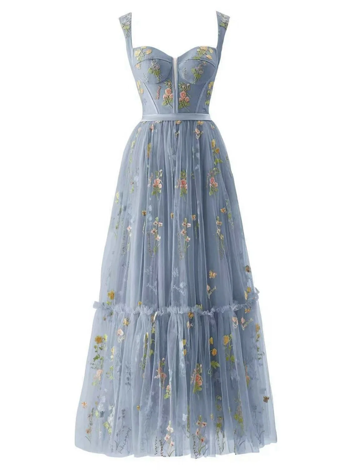 Hellblau 1930er Blumen Netz Stäbchen Schnürung Kleid - Image 5
