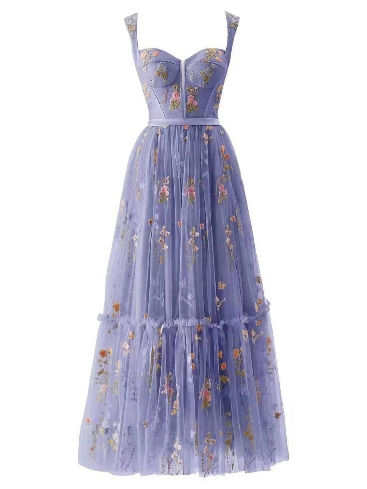 Hellblau 1930er Blumen Netz Stäbchen Schnürung Kleid - Image 4