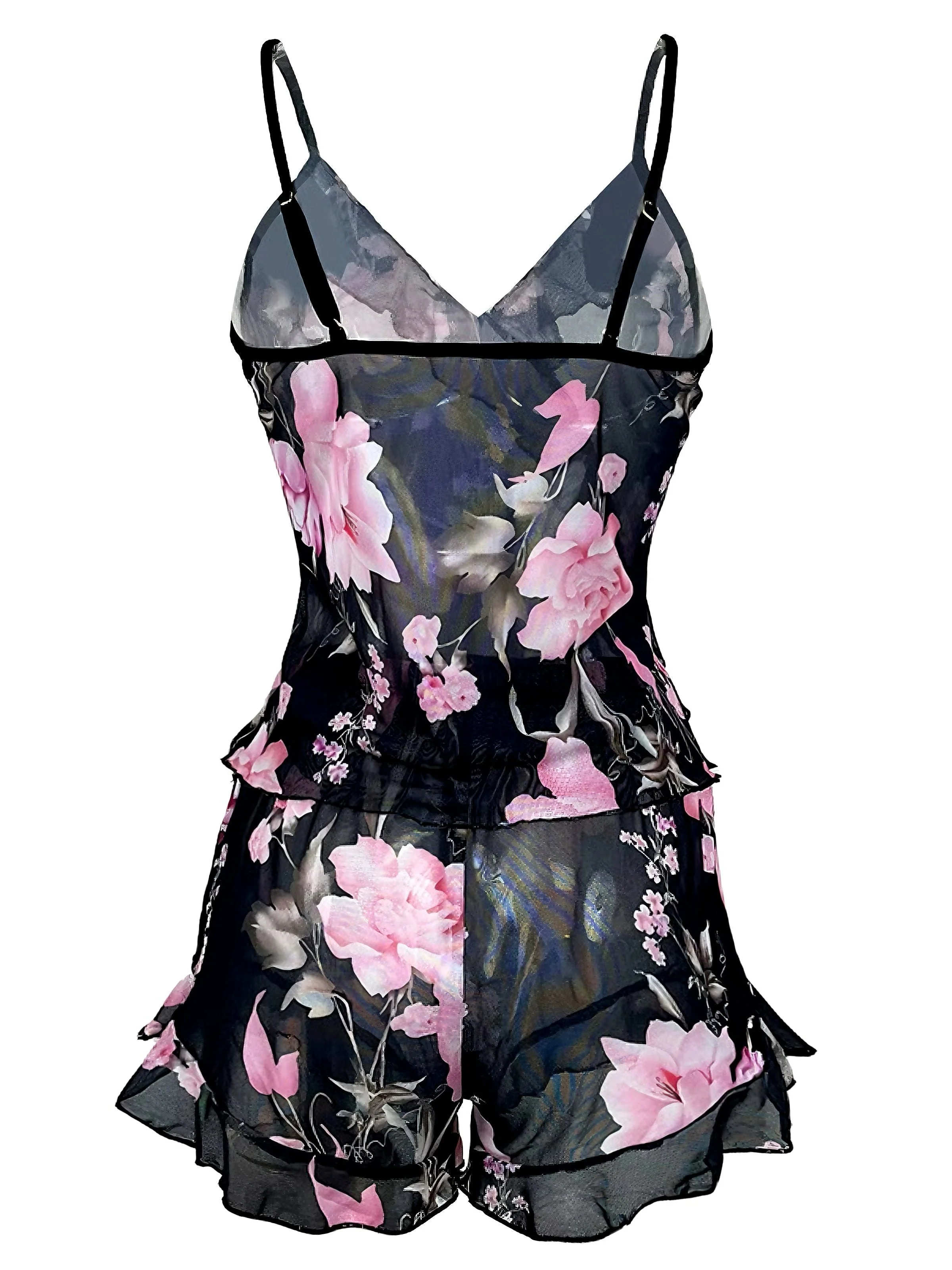 Schwarz 1930er Blumen Rüschen V-Ausschnitt Pyjama - Image 2