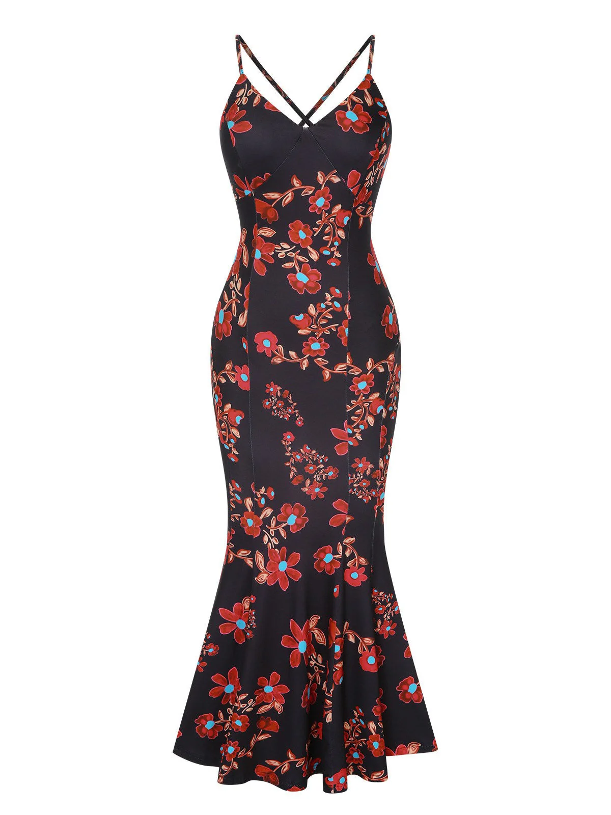Schwarz 1930er Blumen Träger Fischschwanz Kleid - Image 2