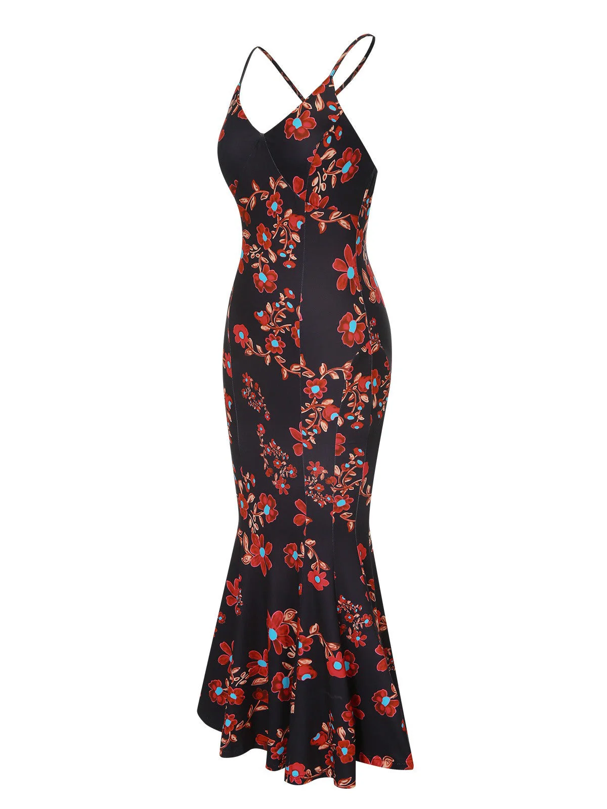 Schwarz 1930er Blumen Träger Fischschwanz Kleid - Image 3