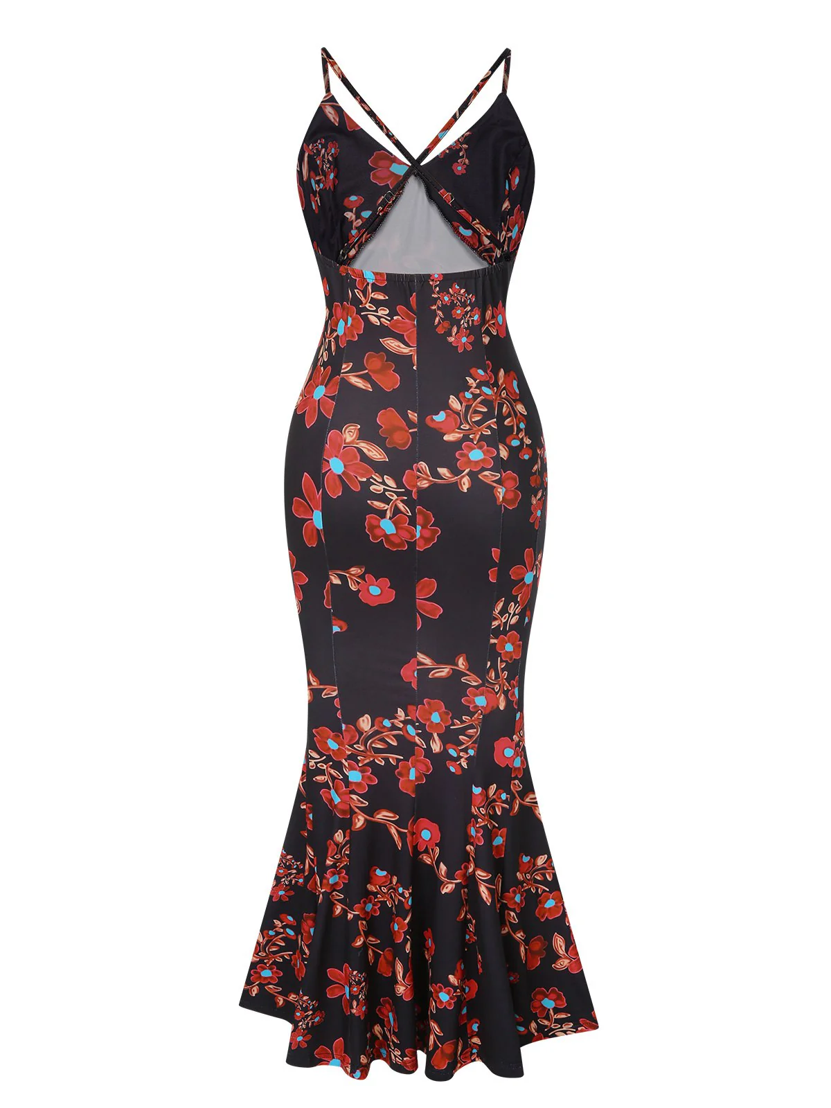 Schwarz 1930er Blumen Träger Fischschwanz Kleid - Image 4