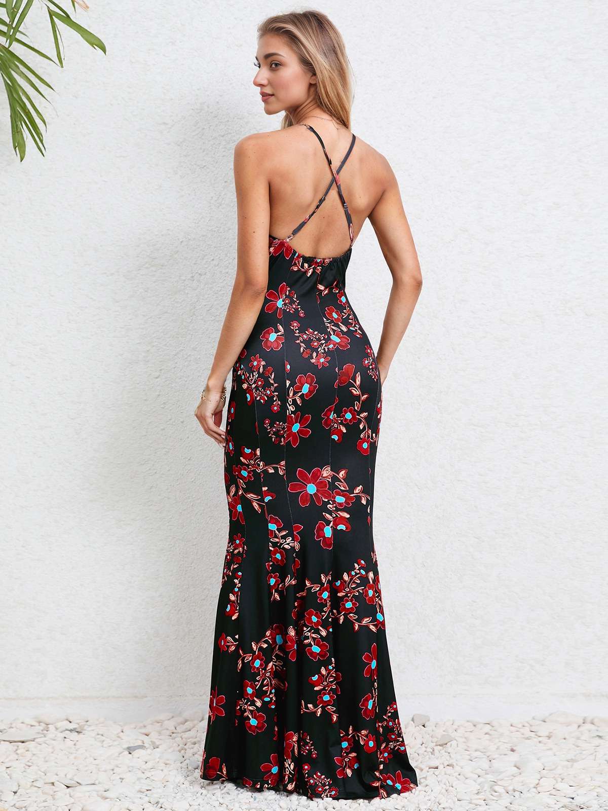 Schwarz 1930er Blumen Träger Fischschwanz Kleid - Image 5