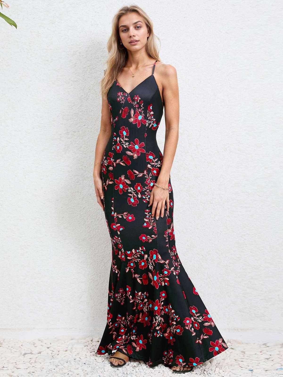 Schwarz 1930er Blumen Träger Fischschwanz Kleid - Image 6