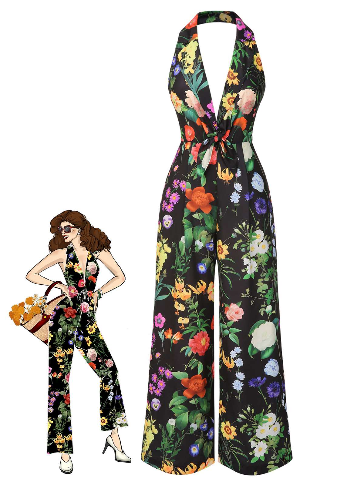 Schwarz 1930er Blumen V-Ausschnitt Halter Jumpsuit - Image 4