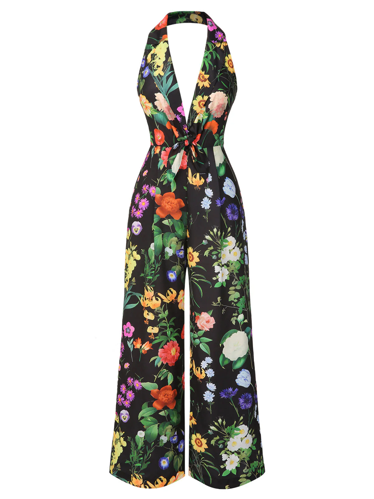 Schwarz 1930er Blumen V-Ausschnitt Halter Jumpsuit - Image 5