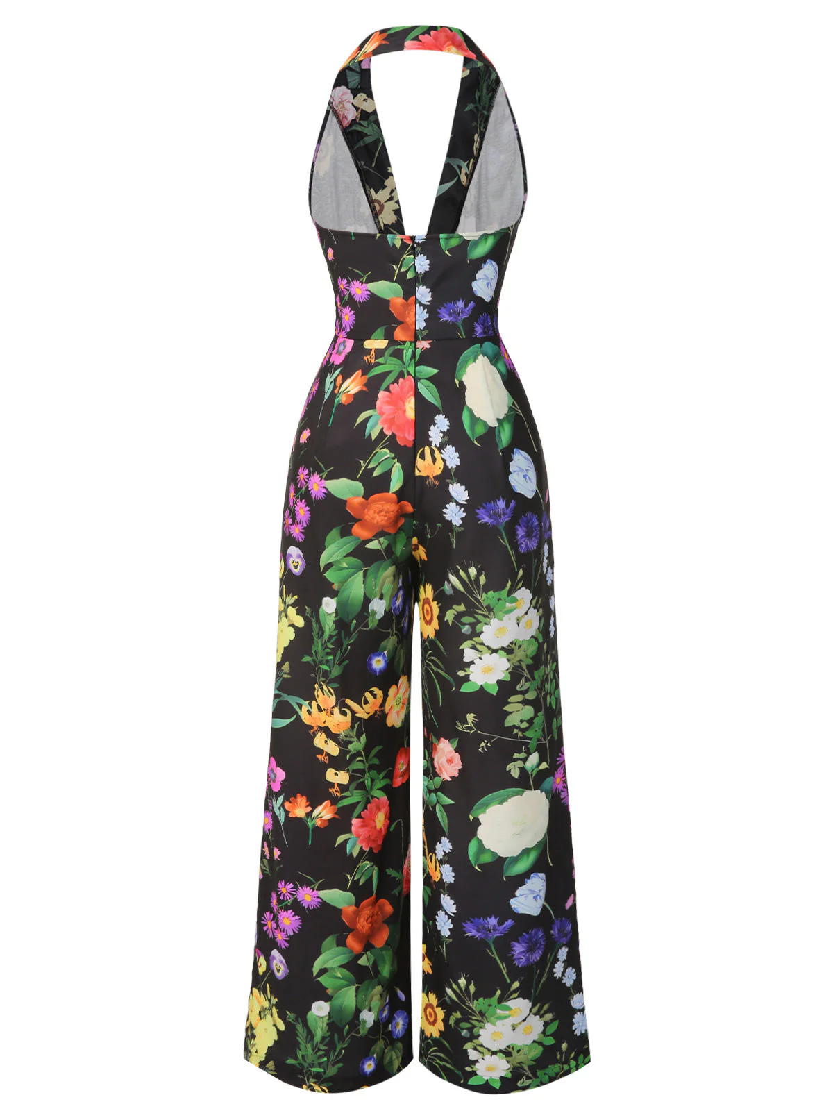 Schwarz 1930er Blumen V-Ausschnitt Halter Jumpsuit - Image 7