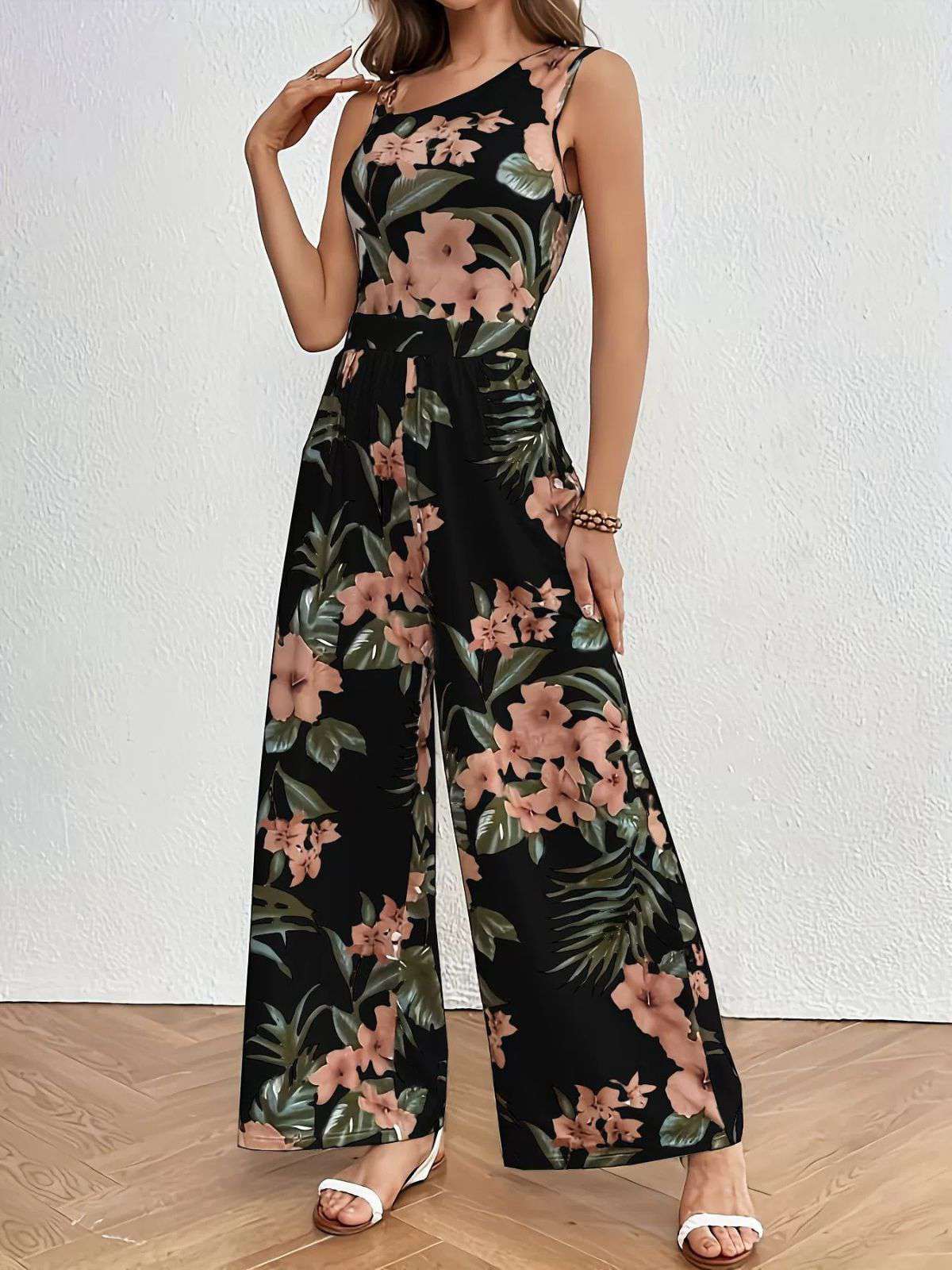 Schwarz 1930er Blumen Verlassen Asymmetrisch Ärmellos Jumpsuit - Image 2