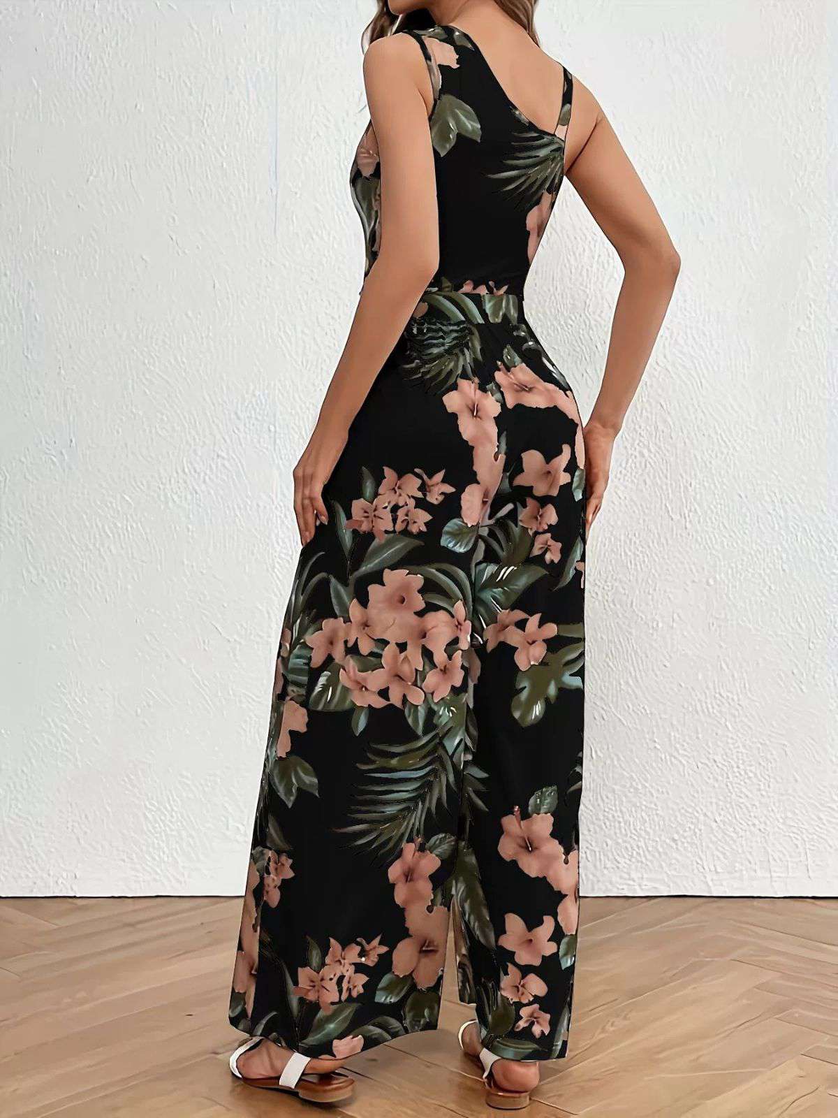 Schwarz 1930er Blumen Verlassen Asymmetrisch Ärmellos Jumpsuit - Image 3