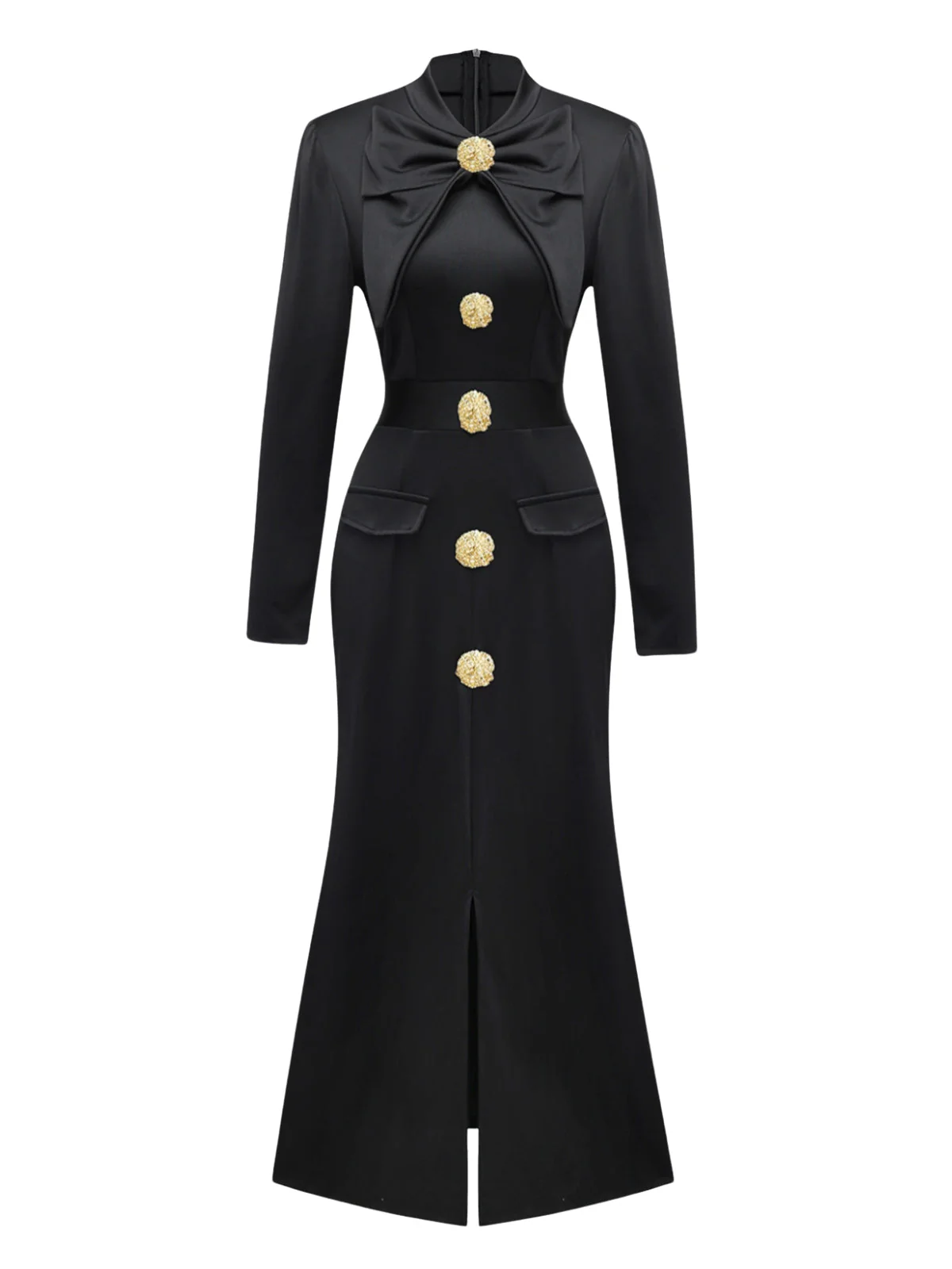 Schwarz 1930er Bogen Kragen Metall Taste Vorder Schlitz Kleid - Image 2