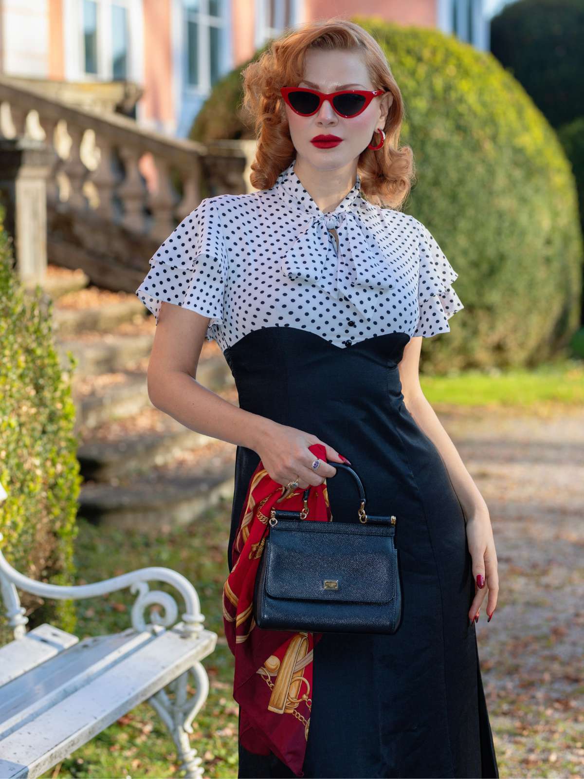 Schwarz 1930er Dots Krawattenhals Meerjungfrauenkleid - Image 2