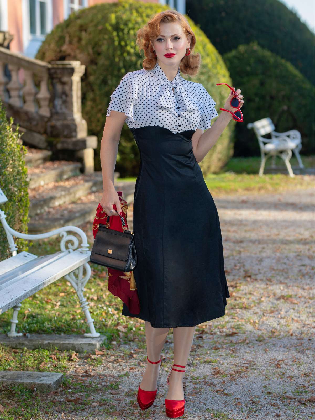 Schwarz 1930er Dots Krawattenhals Meerjungfrauenkleid - Image 3