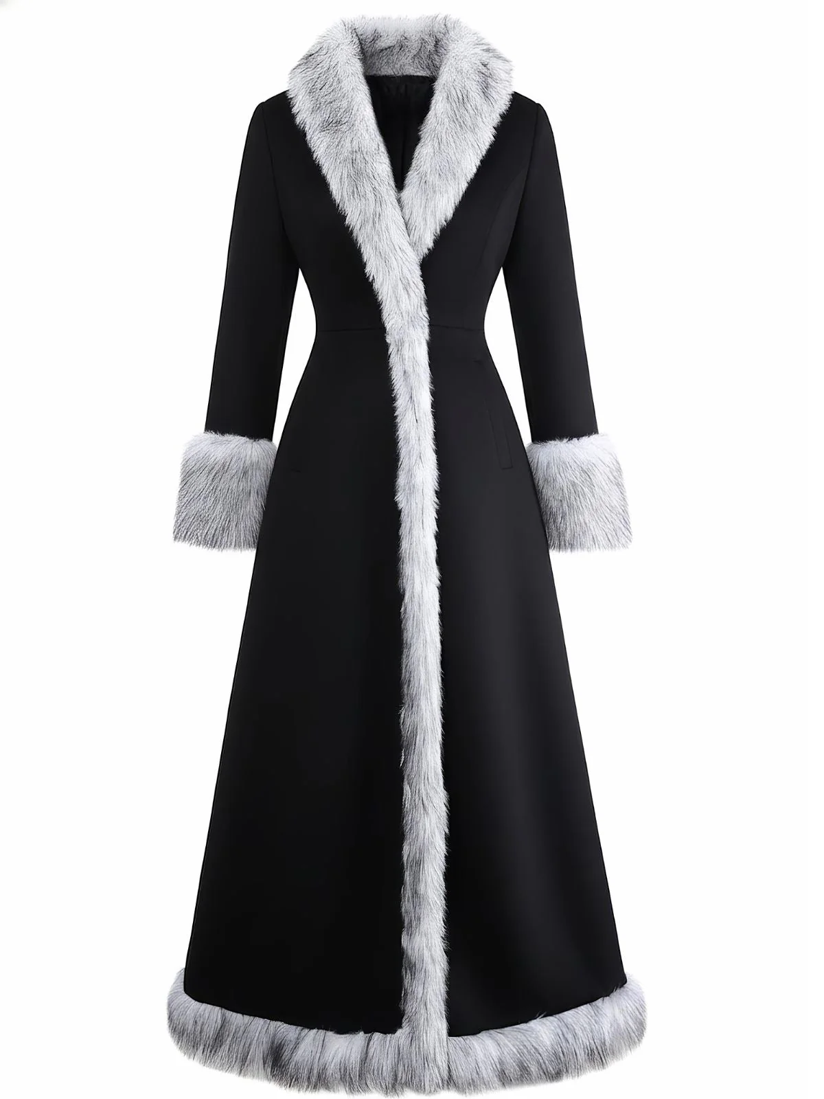 Schwarz 1930er Faux Pelzbesatz Maxi Mantel - Image 2