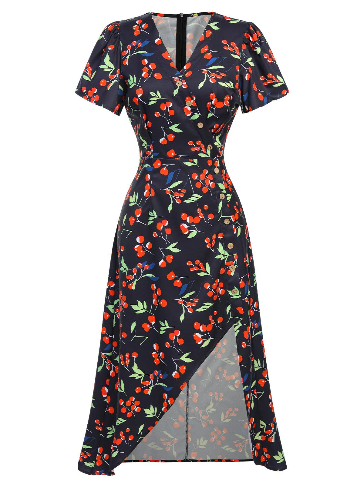 Schwarz 1930er Geblümtes V-Ausschnitt Knopfkleid - Image 2