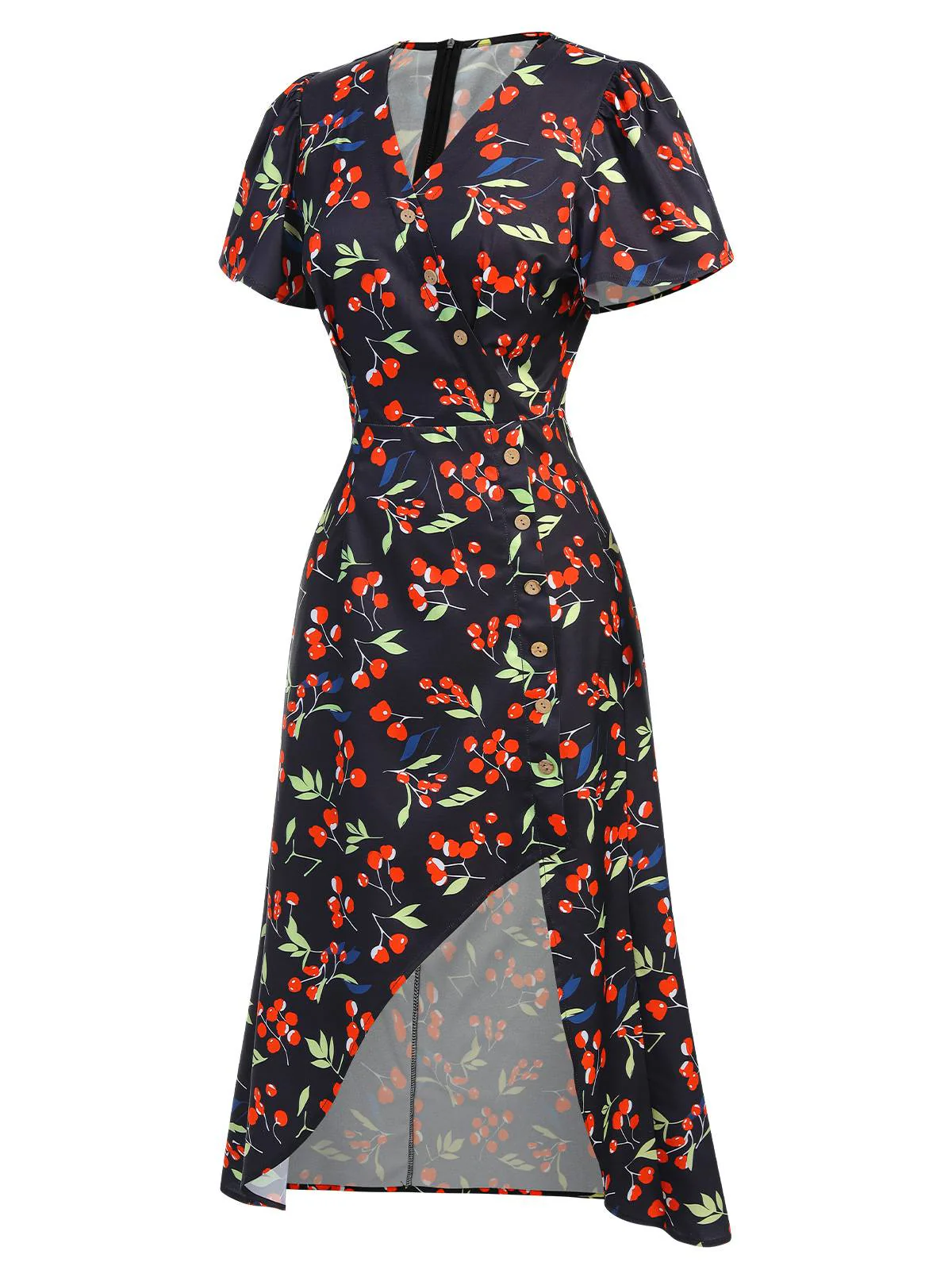 Schwarz 1930er Geblümtes V-Ausschnitt Knopfkleid - Image 3