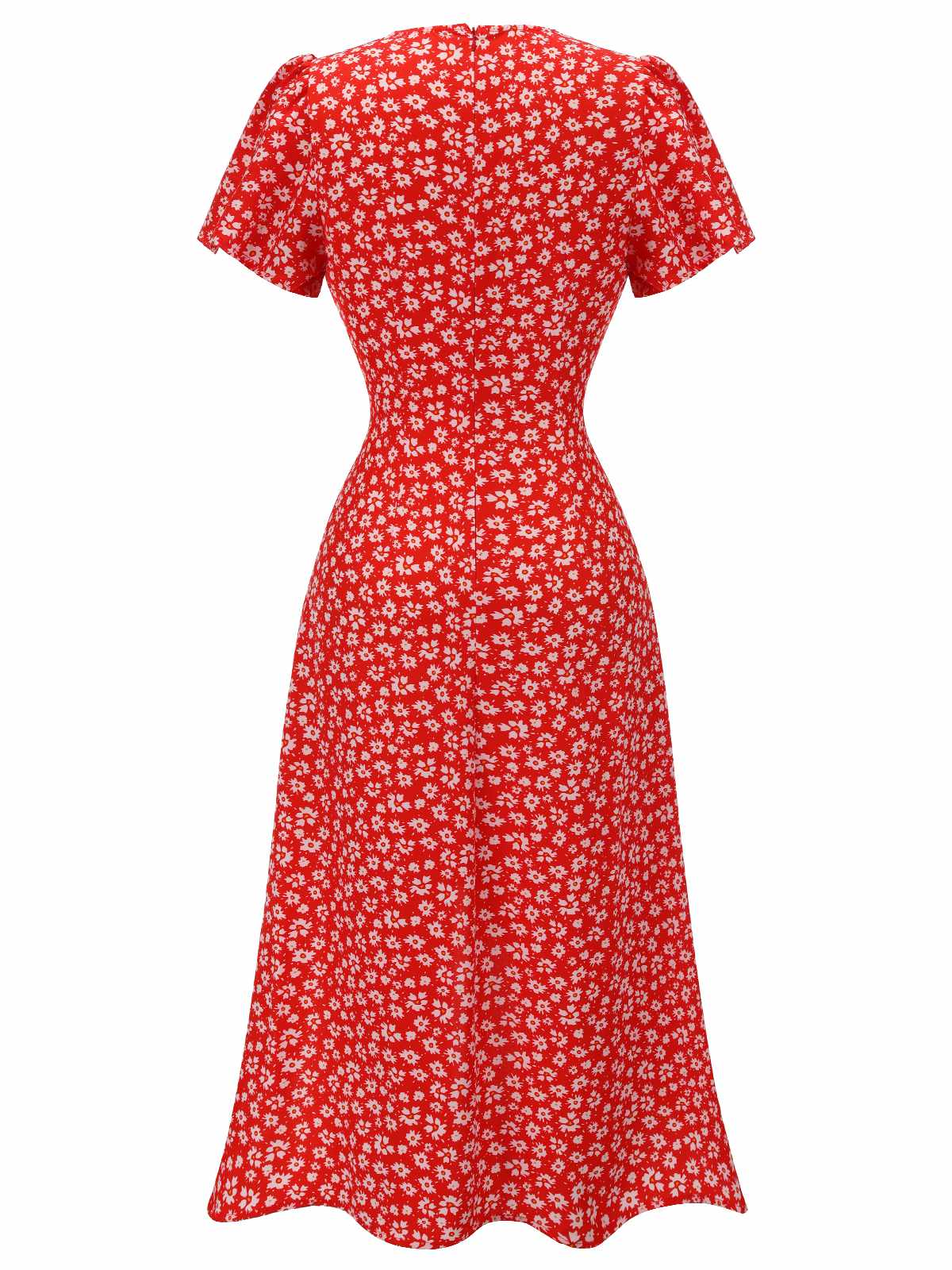 Rotes Geblümtes V-Ausschnitt-Knopfkleid 1930er - Image 4
