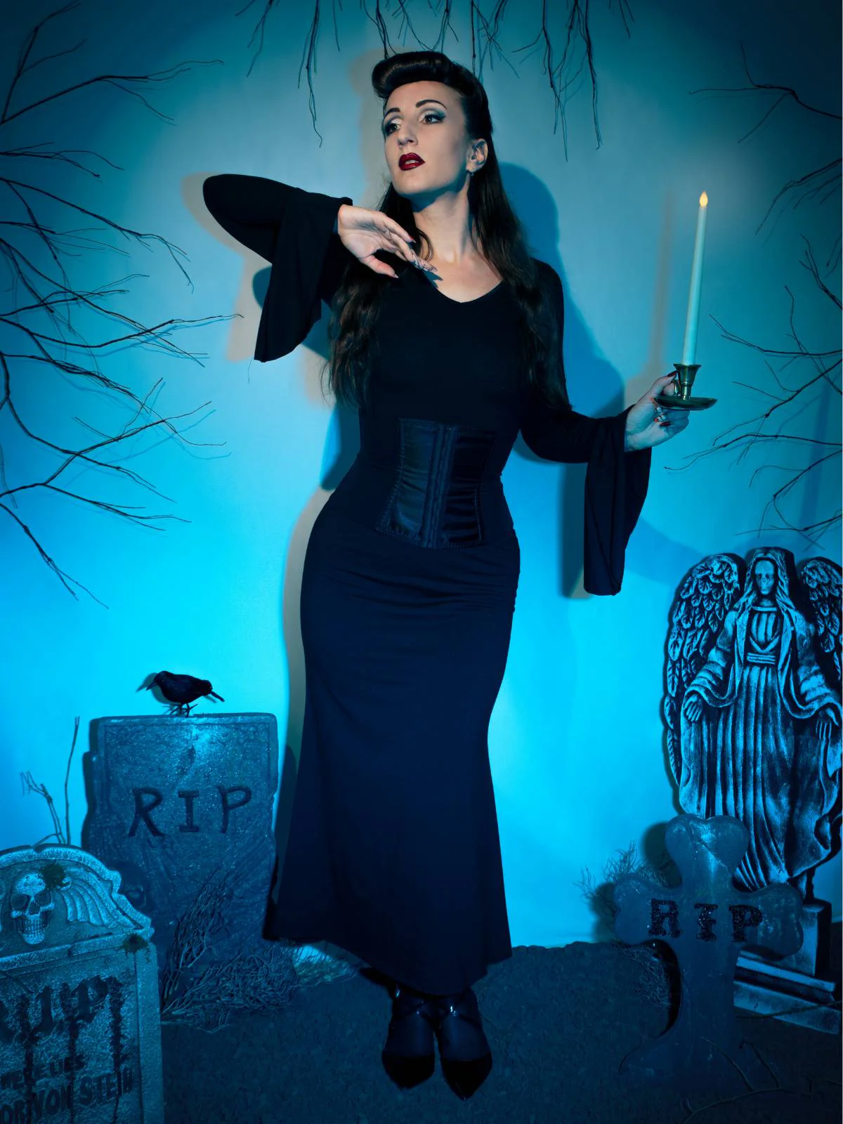 Schwarz 1930er Gothic Morticia Addams Dolman-Ärmel Fischschwanz Kleid - Image 2