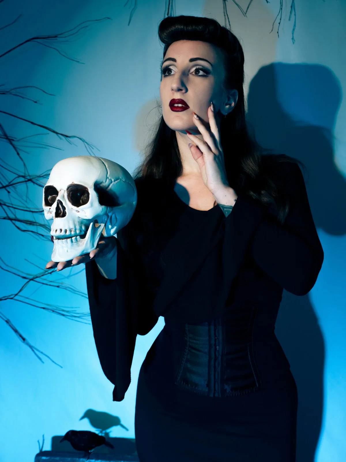 Schwarz 1930er Gothic Morticia Addams Dolman-Ärmel Fischschwanz Kleid - Image 3