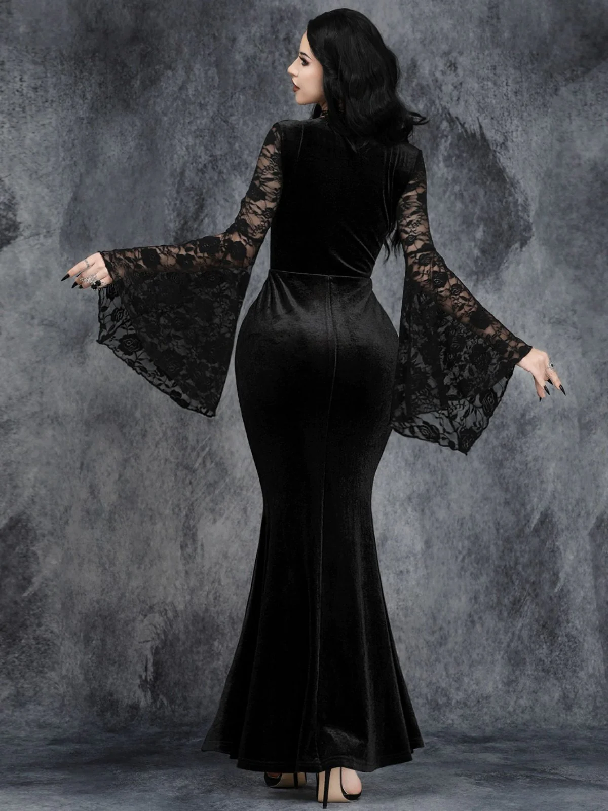 Schwarz 1930er Halloween Spitze Glockenhülse Enges Maxi Kleid - Image 3