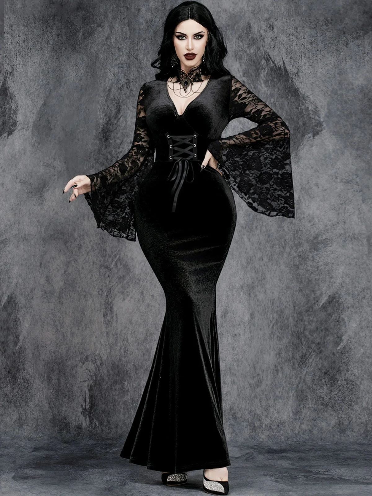 Schwarz 1930er Halloween Spitze Glockenhülse Enges Maxi Kleid - Image 4