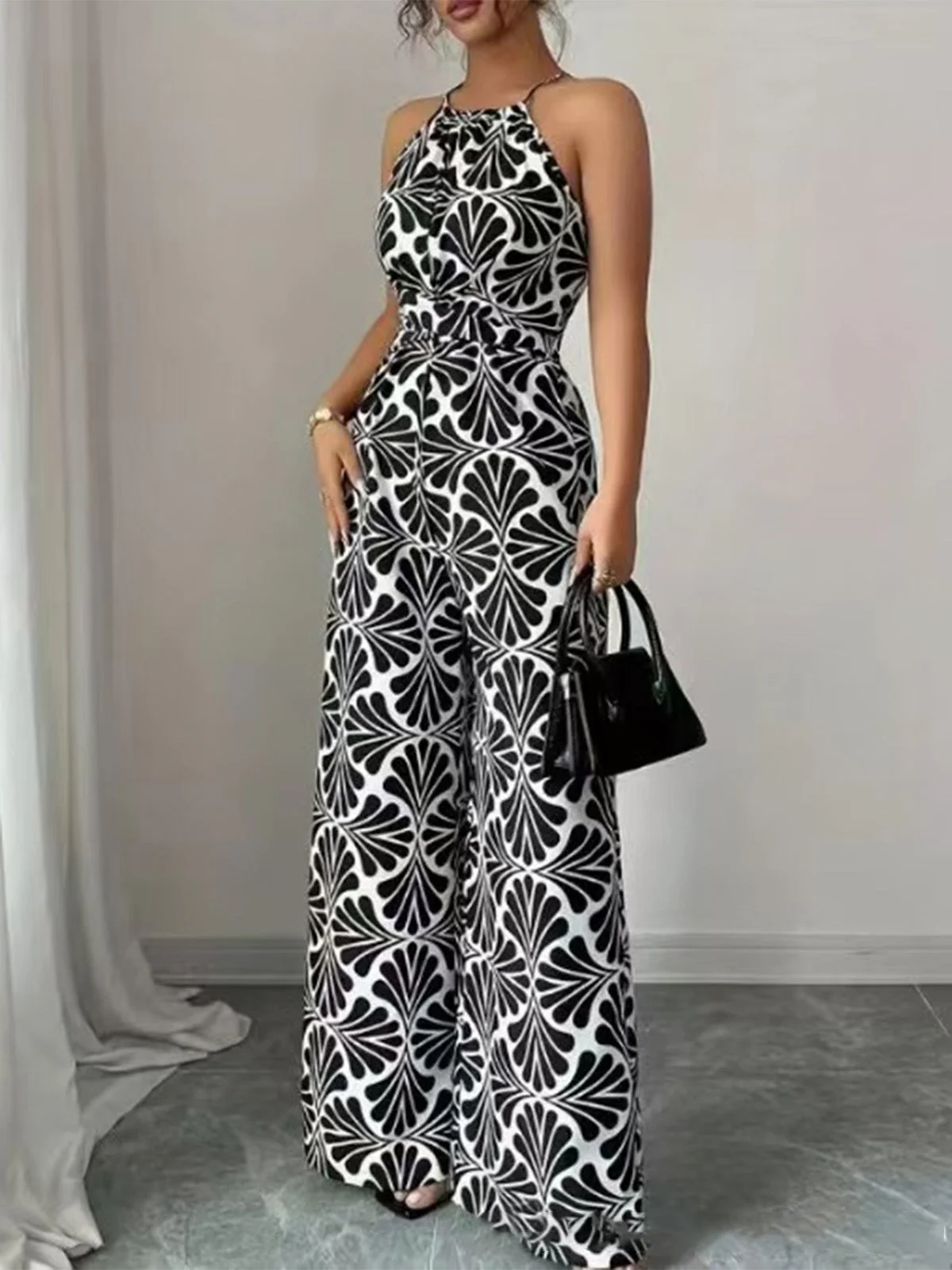 Schwarz 1930er Halter Abstrakt Print Gürtel Jumpsuit - Image 2