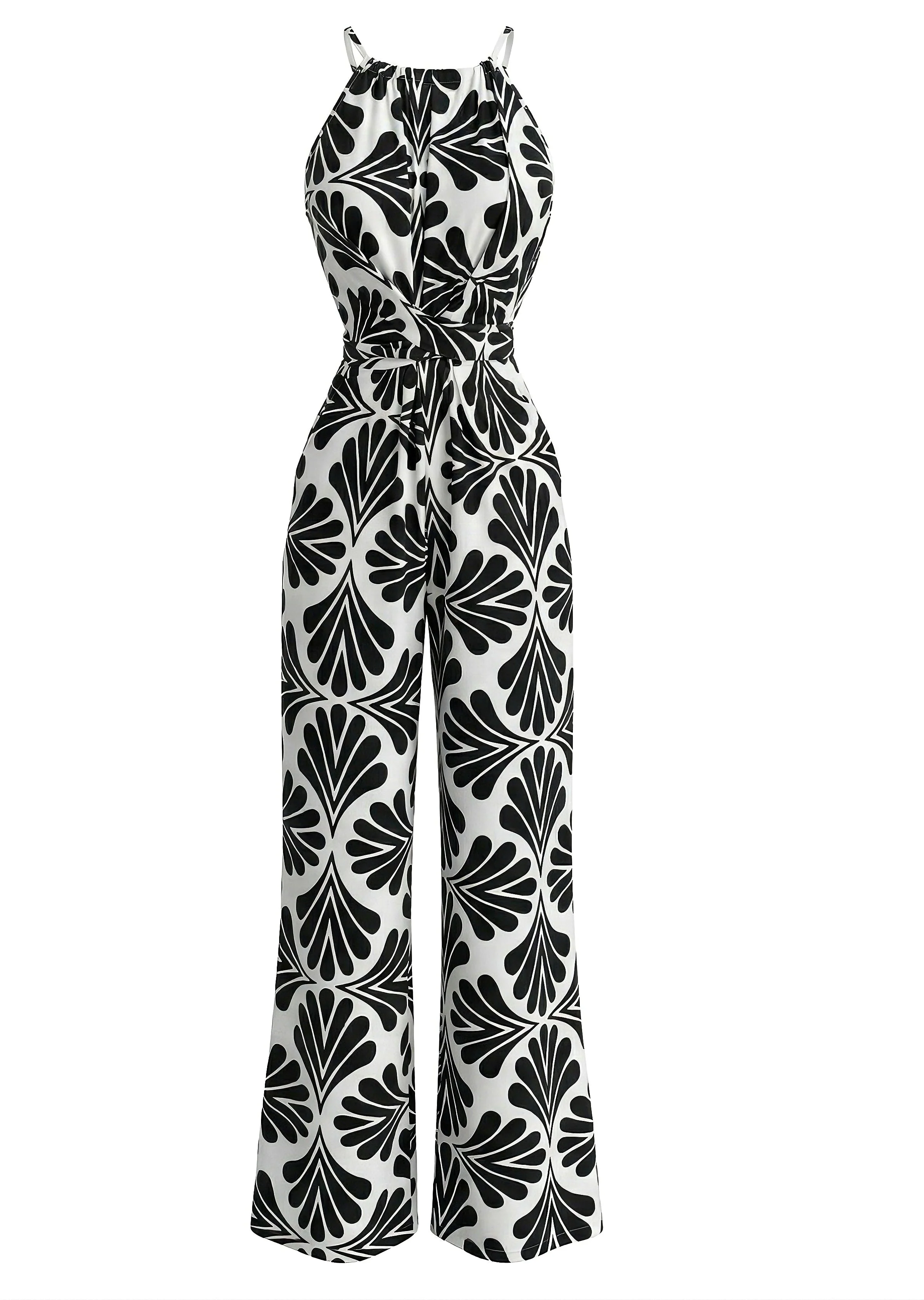 Schwarz 1930er Halter Abstrakt Print Gürtel Jumpsuit - Image 3