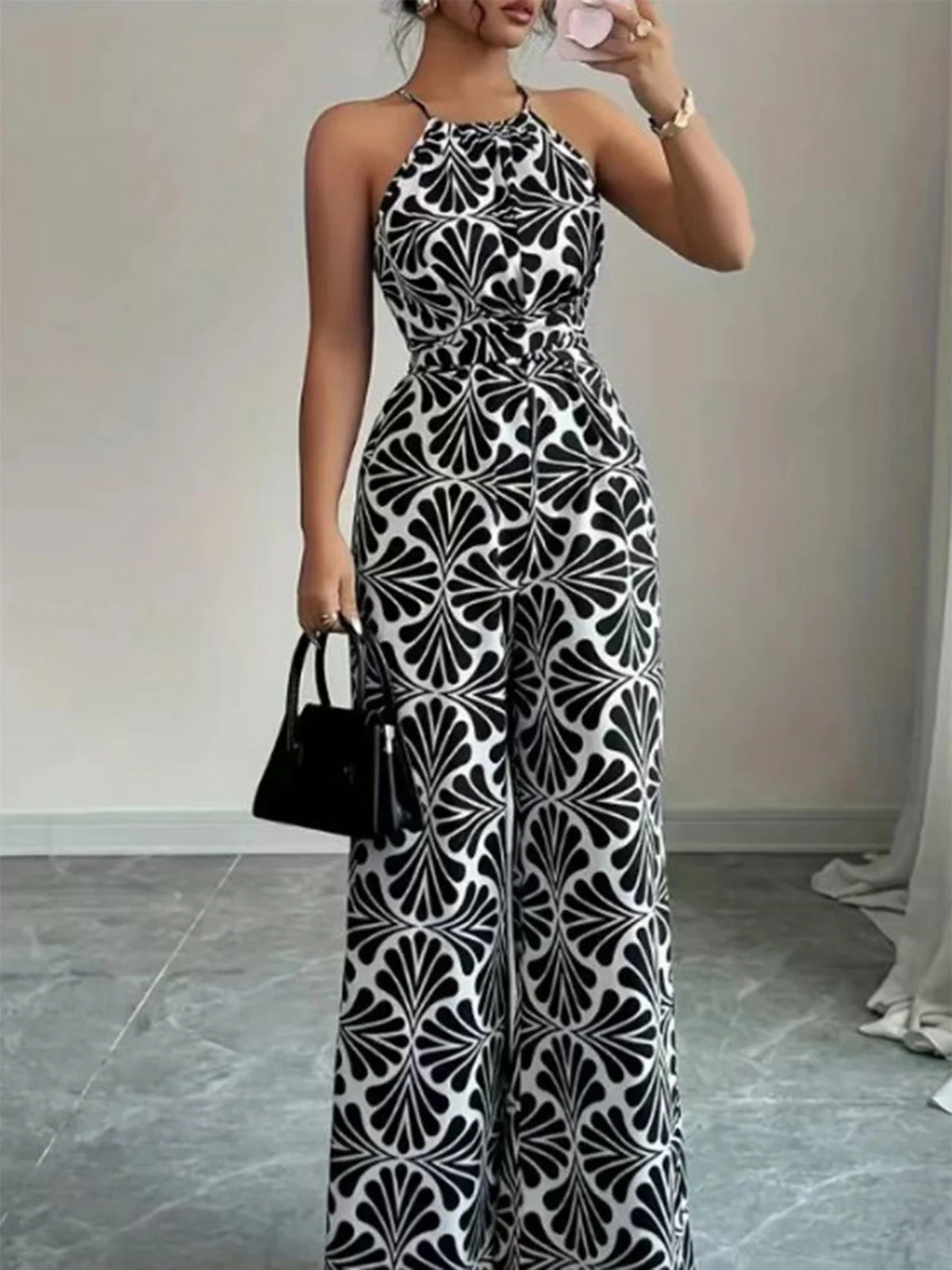 Schwarz 1930er Halter Abstrakt Print Gürtel Jumpsuit - Image 4