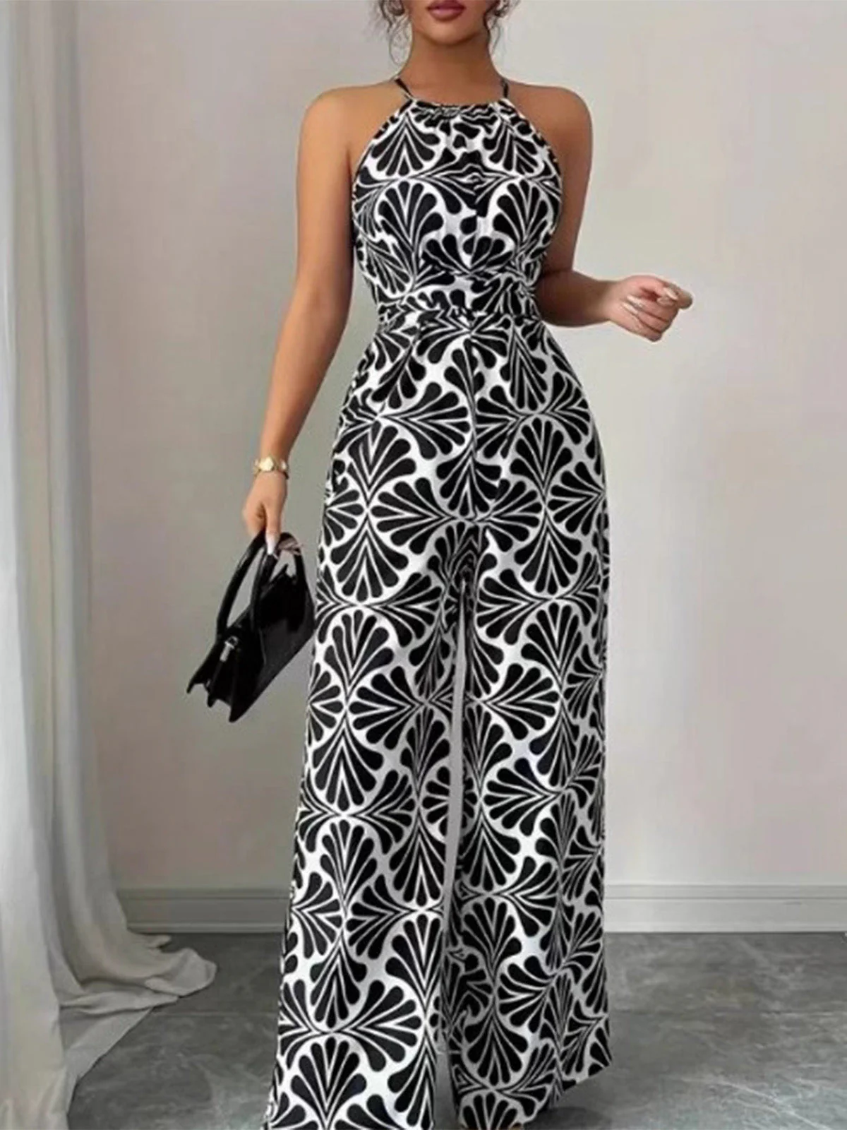 Schwarz 1930er Halter Abstrakt Print Gürtel Jumpsuit - Image 5