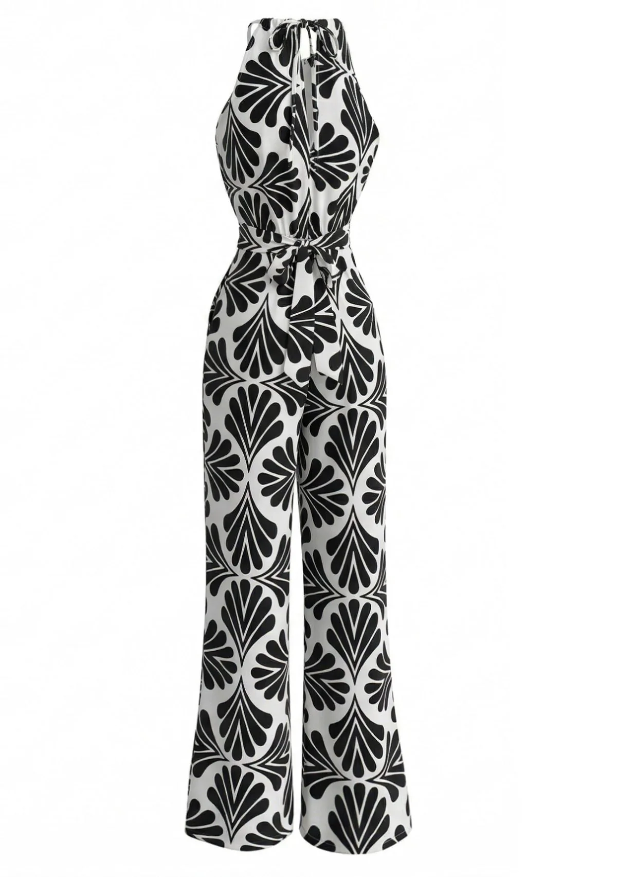 Schwarz 1930er Halter Abstrakt Print Gürtel Jumpsuit - Image 6