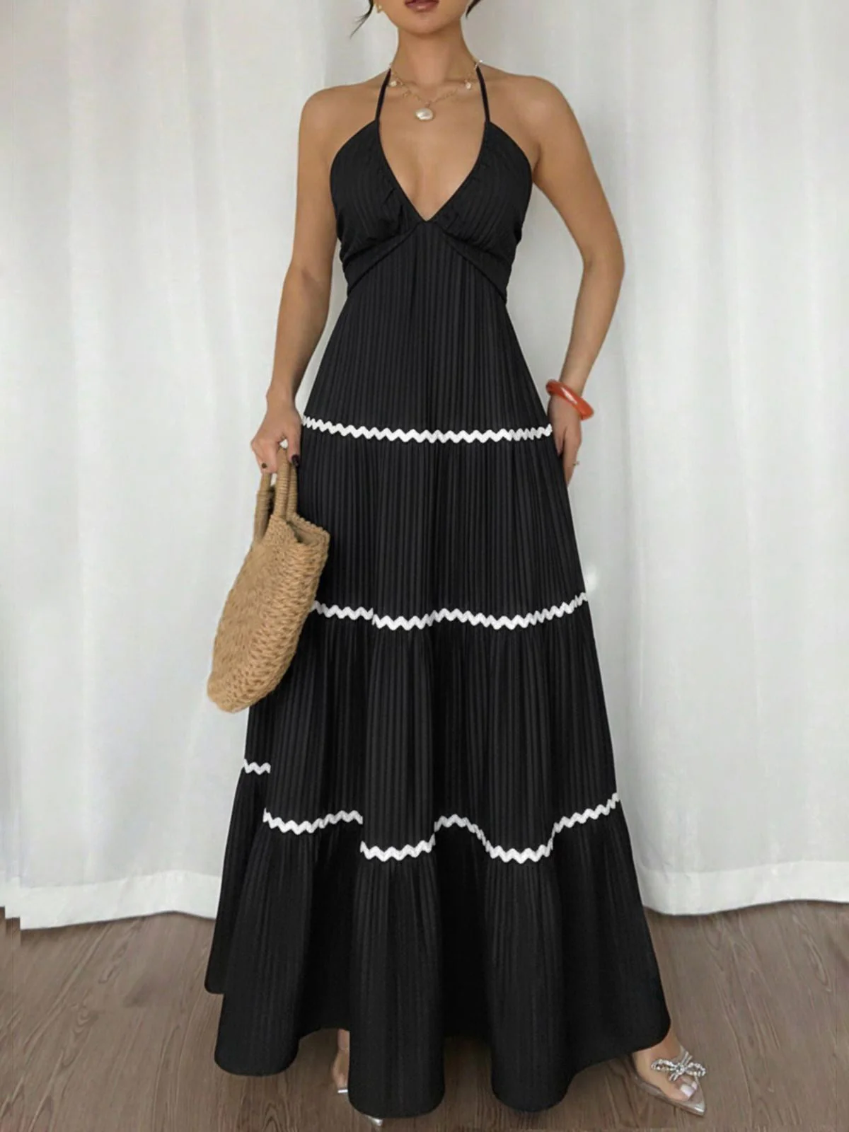 Schwarz 1930er Halter Rückenfrei Farbblock Maxi Kleid - Image 2