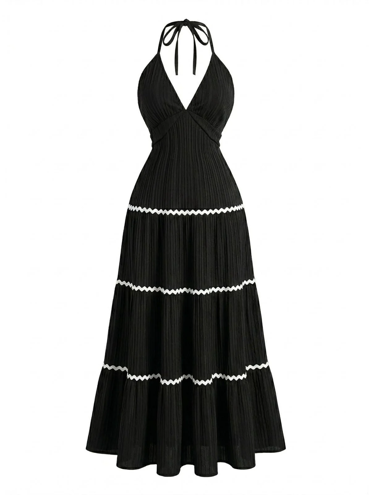 Schwarz 1930er Halter Rückenfrei Farbblock Maxi Kleid - Image 3