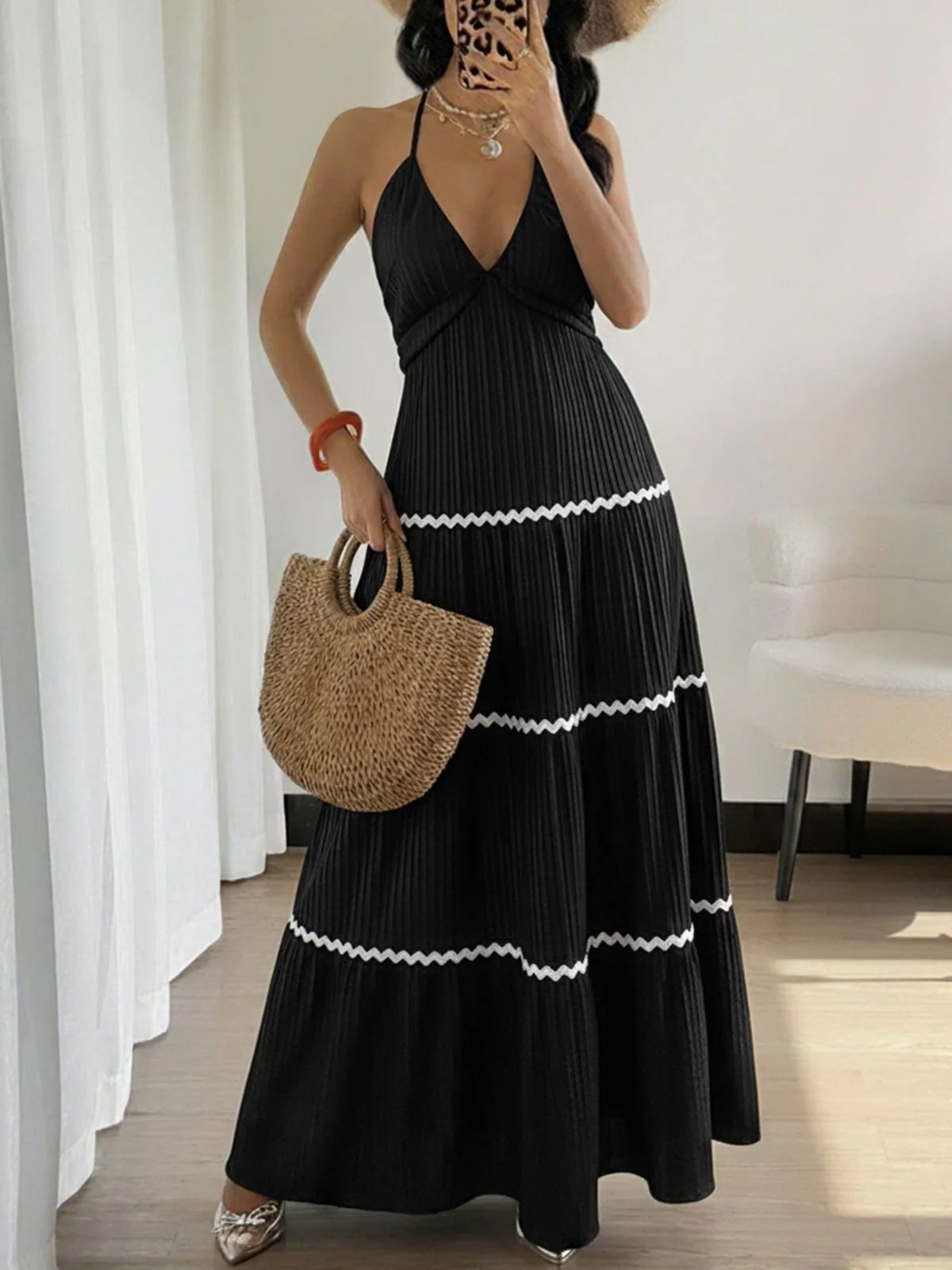 Schwarz 1930er Halter Rückenfrei Farbblock Maxi Kleid - Image 4