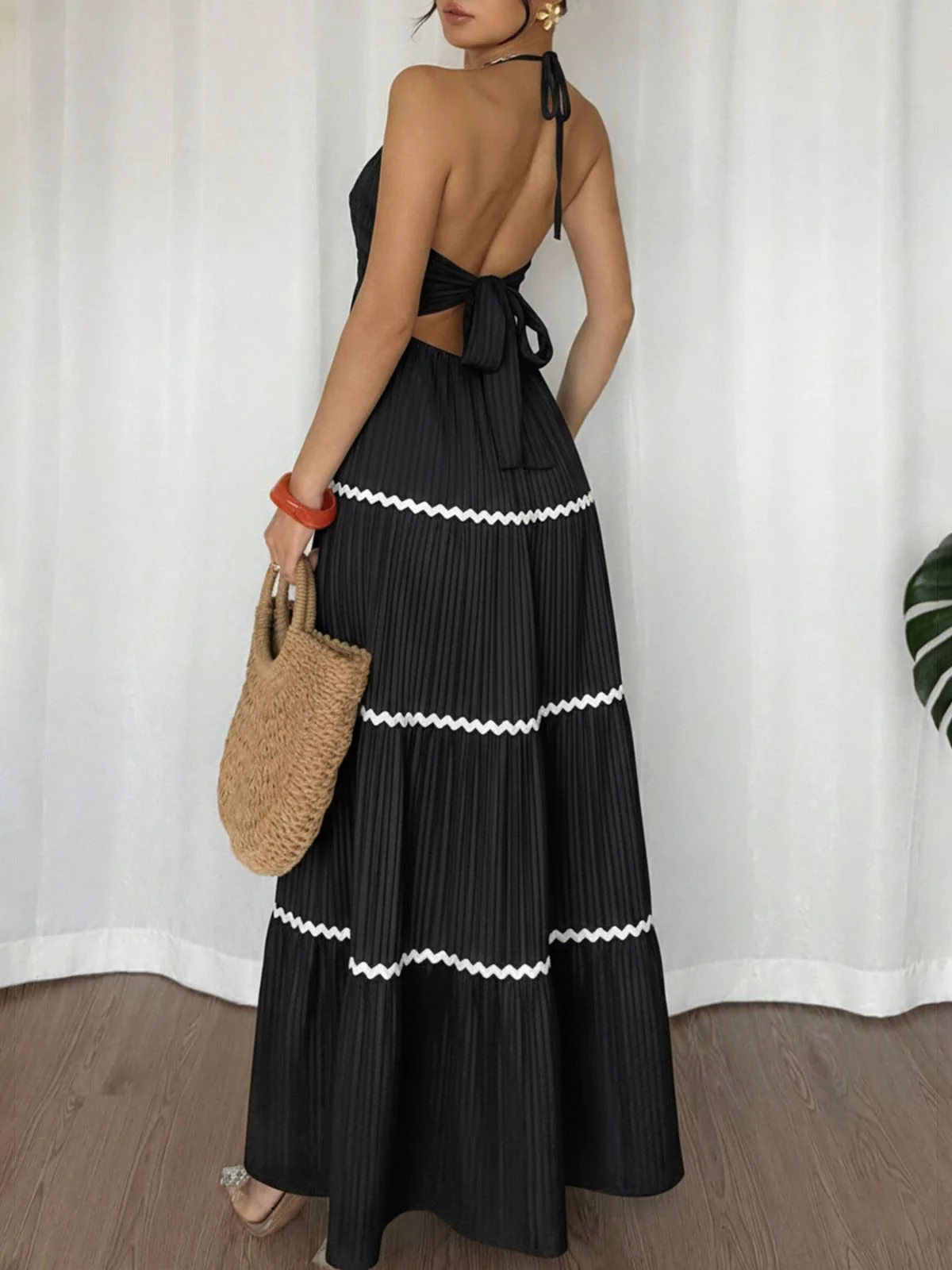 Schwarz 1930er Halter Rückenfrei Farbblock Maxi Kleid - Image 5