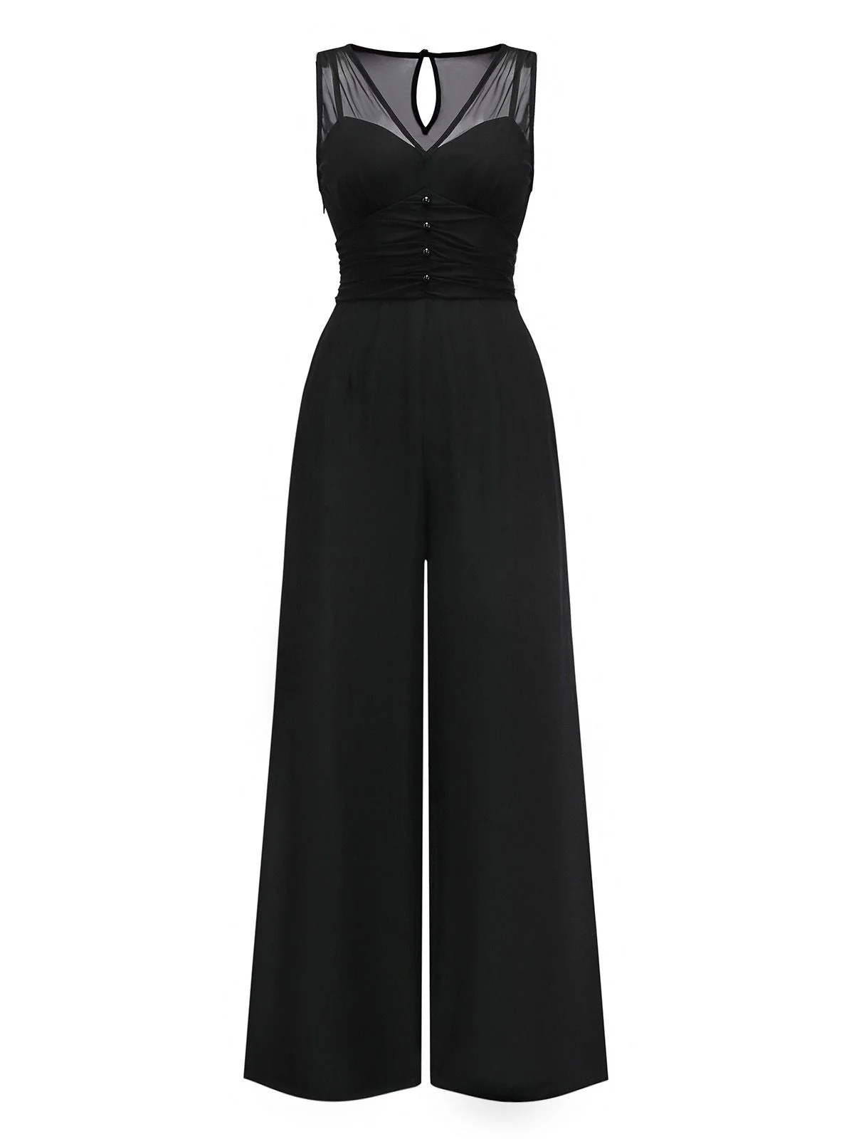 Schwarz 1930er Netz Plissiertes Patchwork Jumpsuit - Image 2