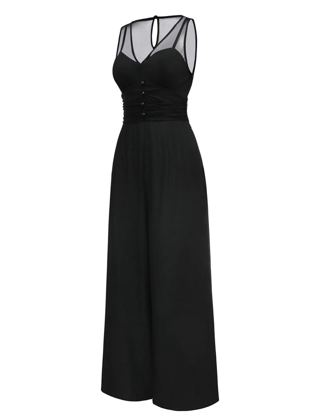 Schwarz 1930er Netz Plissiertes Patchwork Jumpsuit - Image 3