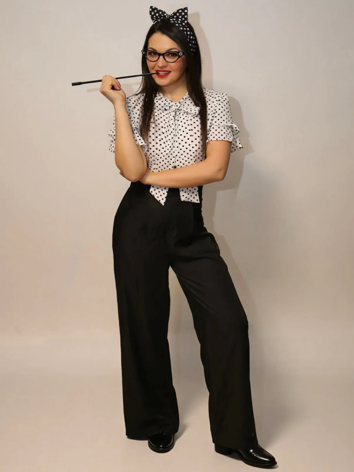 Schwarz 1930er Polka Dots Krawattenhals Jumpsuit