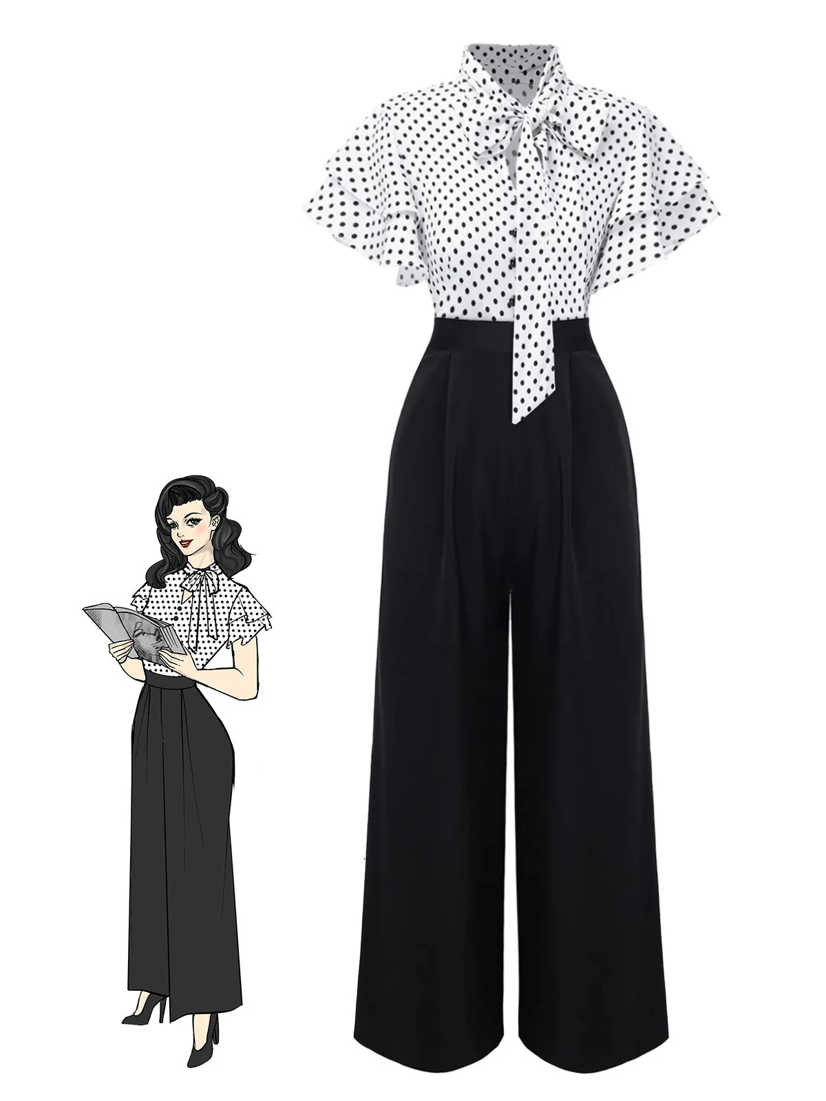 Schwarz 1930er Polka Dots Krawattenhals Jumpsuit - Image 2