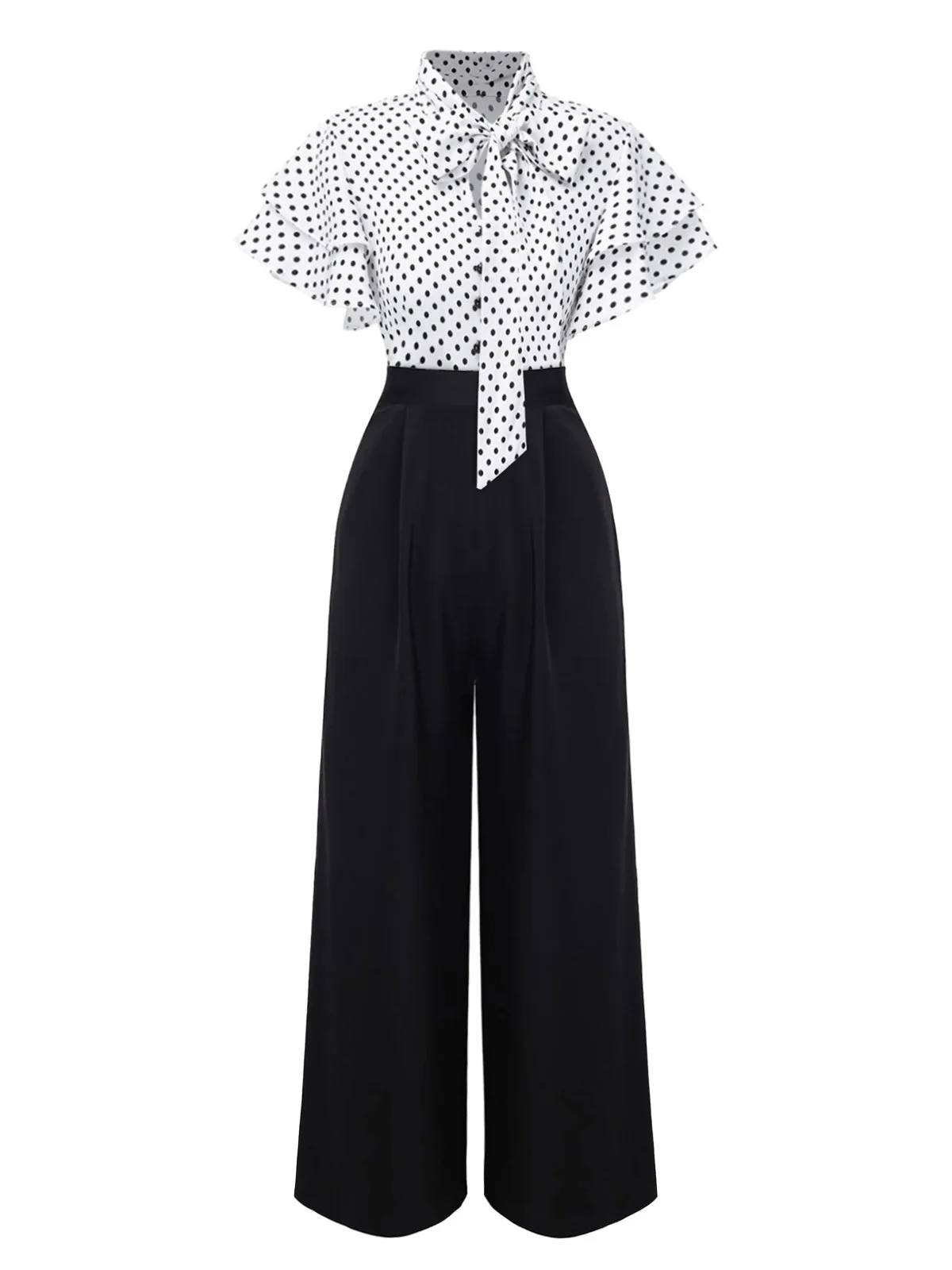 Schwarz 1930er Polka Dots Krawattenhals Jumpsuit - Image 3