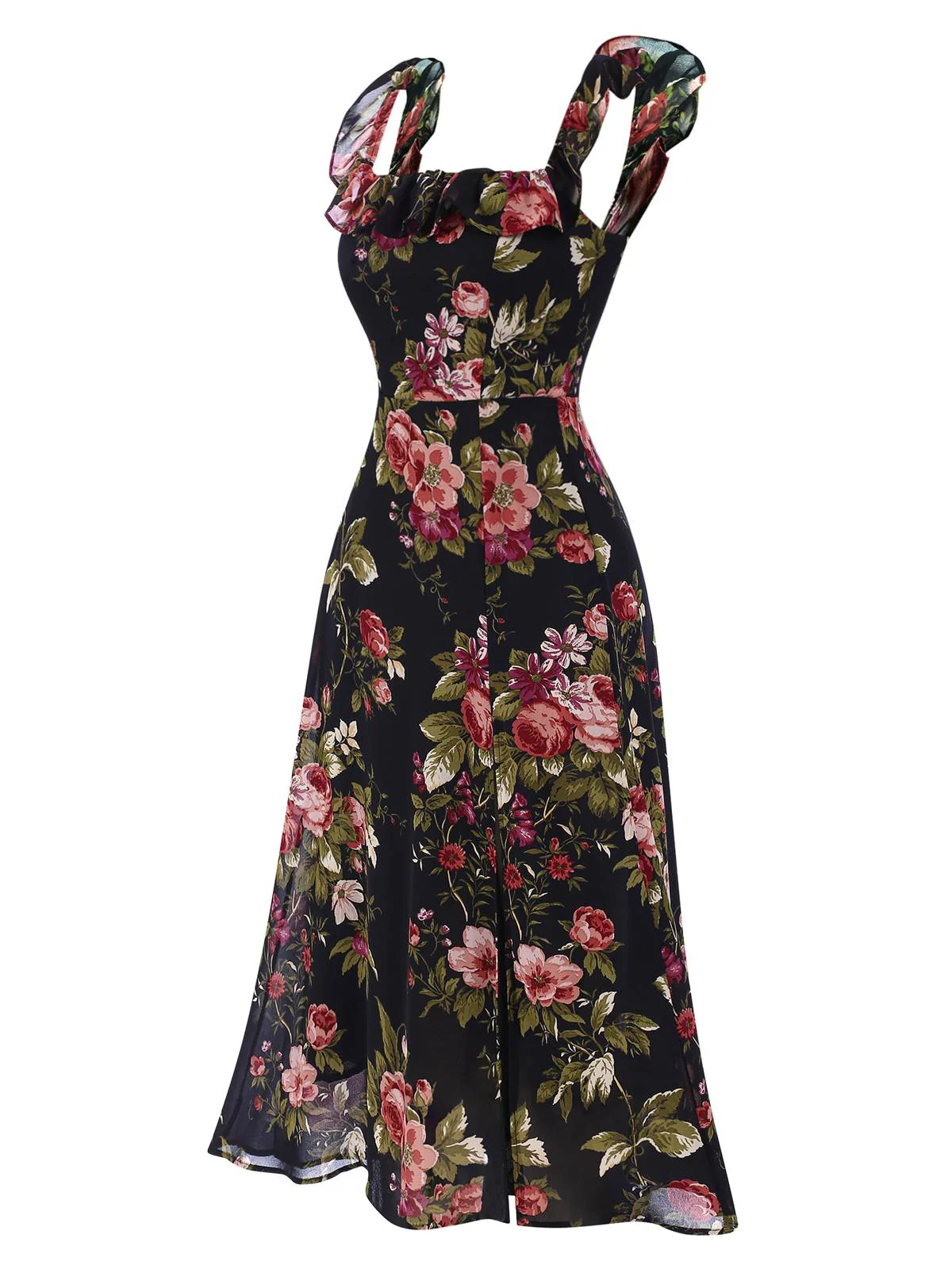 Schwarz 1930er Quadratischer Hals Rüschen Blumen Kleid - Image 3