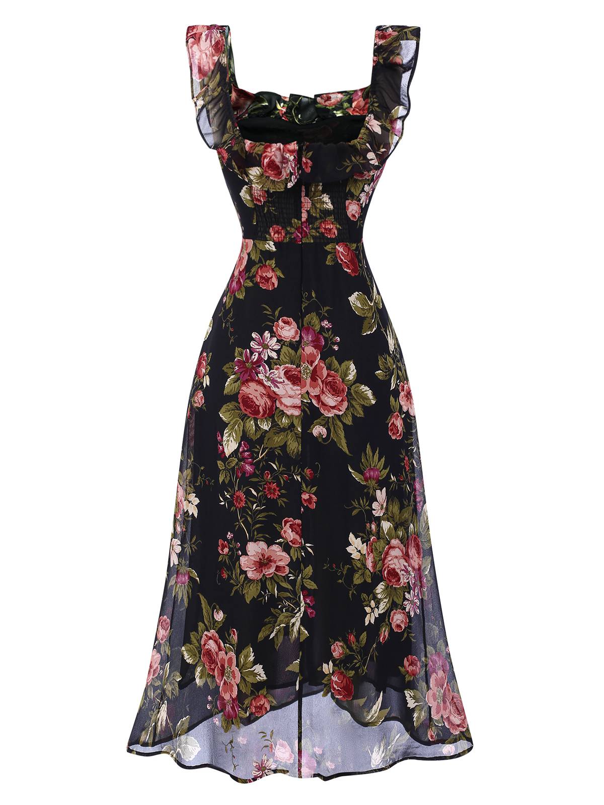 Schwarz 1930er Quadratischer Hals Rüschen Blumen Kleid - Image 4