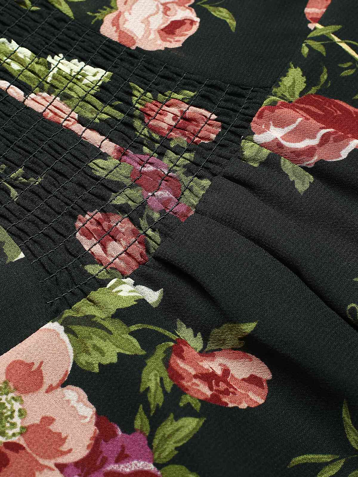 Schwarz 1930er Quadratischer Hals Rüschen Blumen Kleid - Image 6