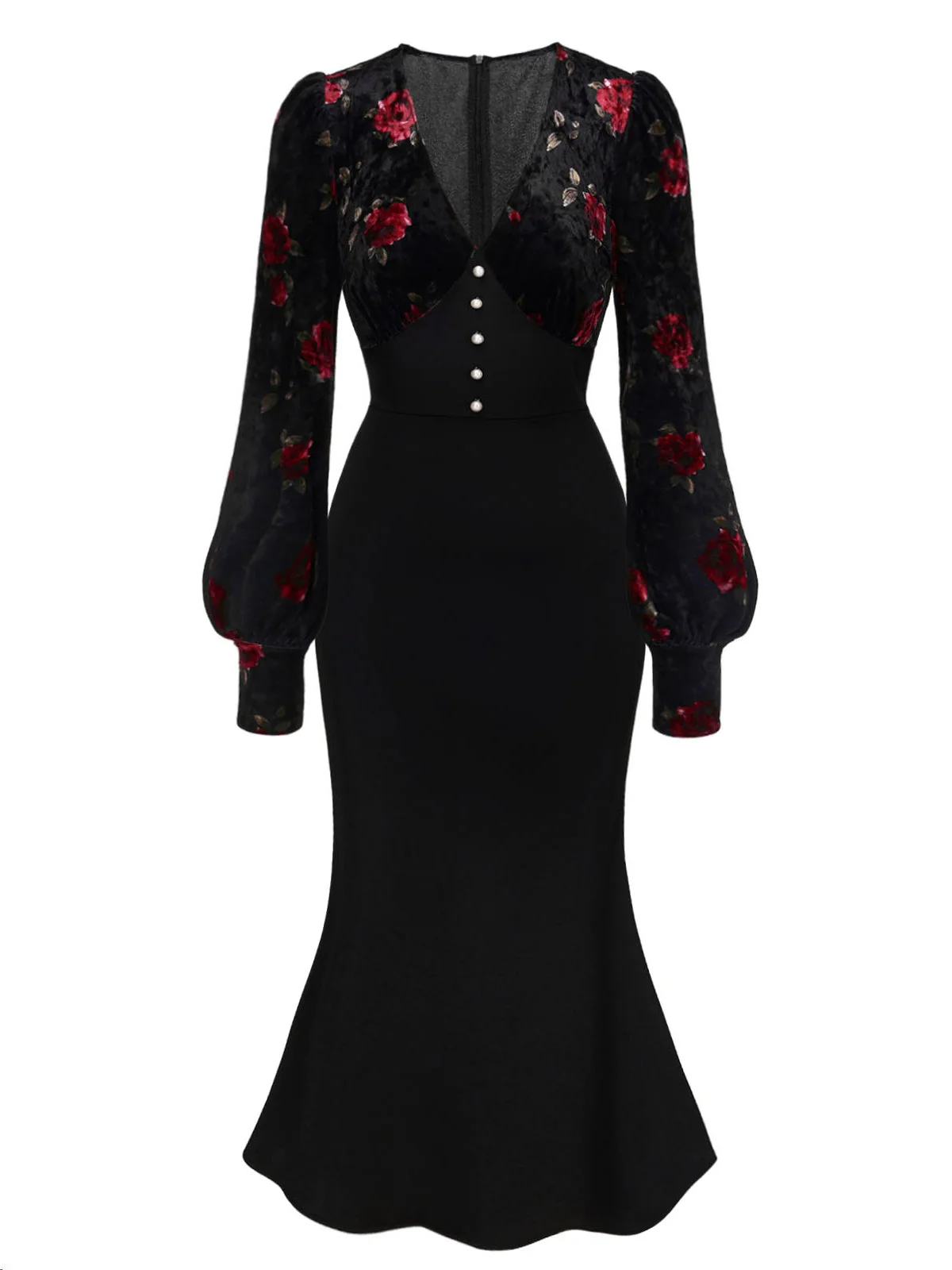 Schwarz 1930er Rose Samt Fischschwanzkleid - Image 3